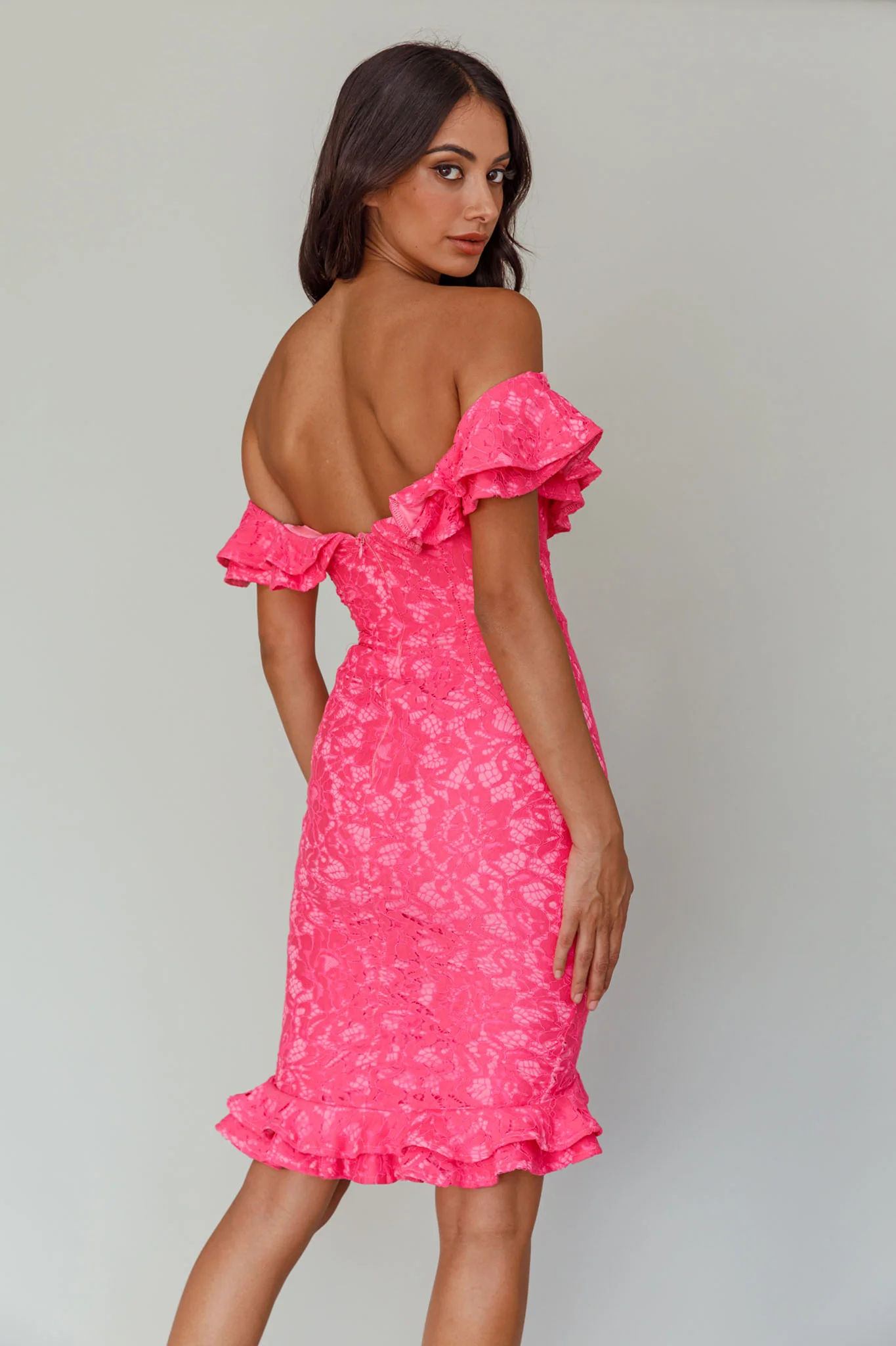 Rossi Off-Shoulder Double Ruffle Lace Dress Hot Pink - Image 2
