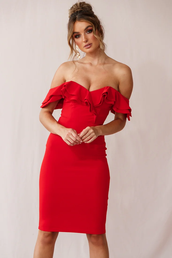 Rossi Ruffled Off The Shoulder Bodycon Dress Red - Image 5