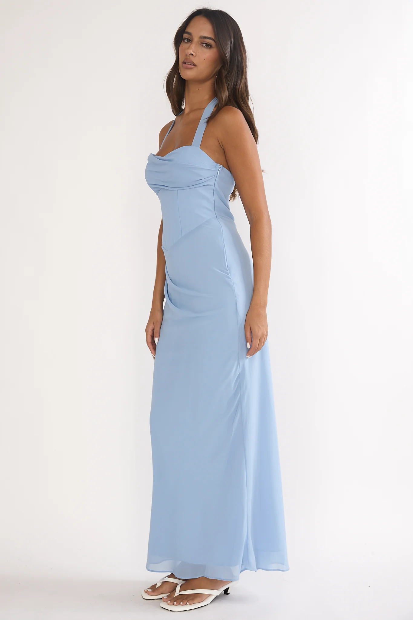 Rovelle Halterneck Pleat Waist Maxi Dress Sky Blue - Image 6