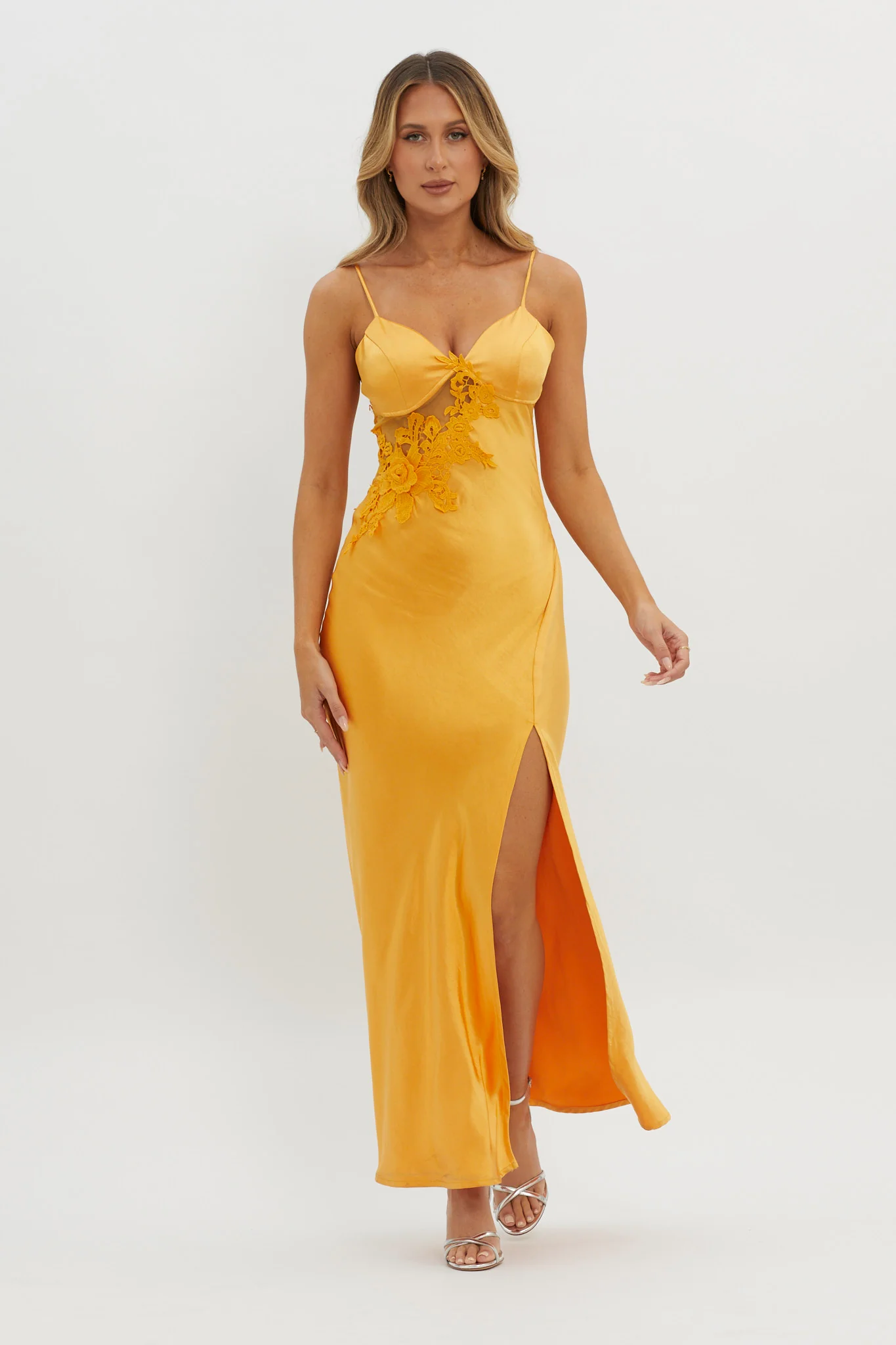 Roxana Applique Trim Split Maxi Dress Orange - Image 6