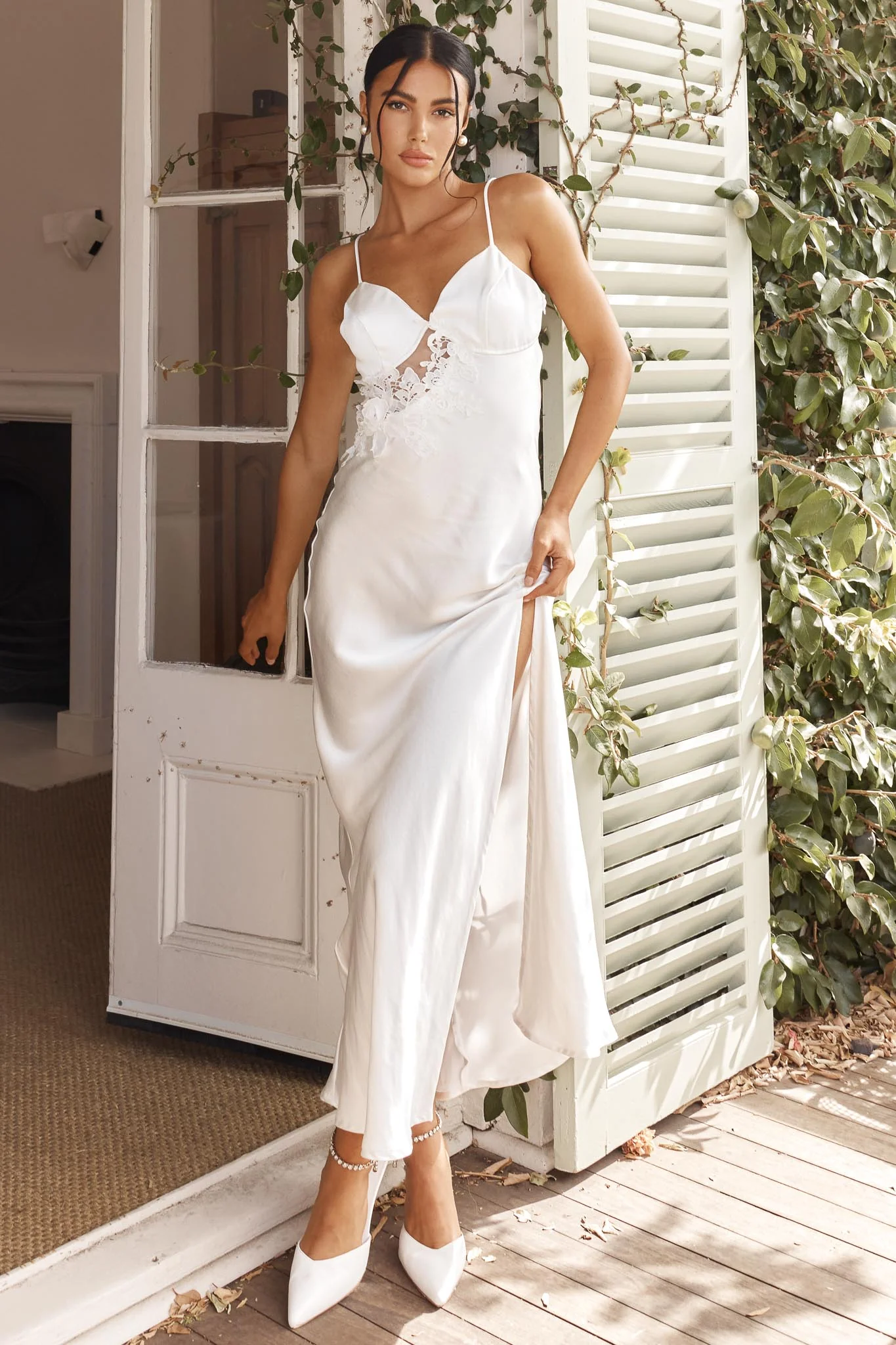Roxana Applique Trim Split Maxi Dress White - Image 2
