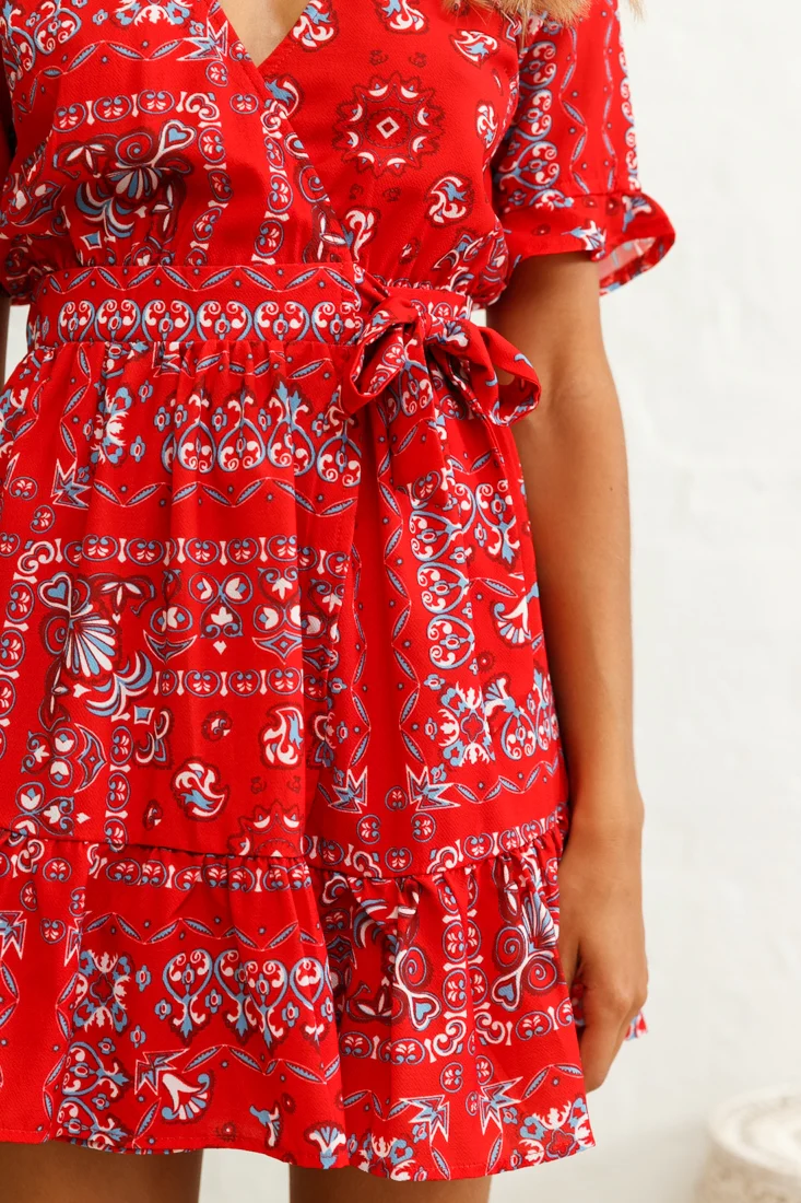 Rubi V-Neckline Wrap Dress Pattern Print Red - Image 4
