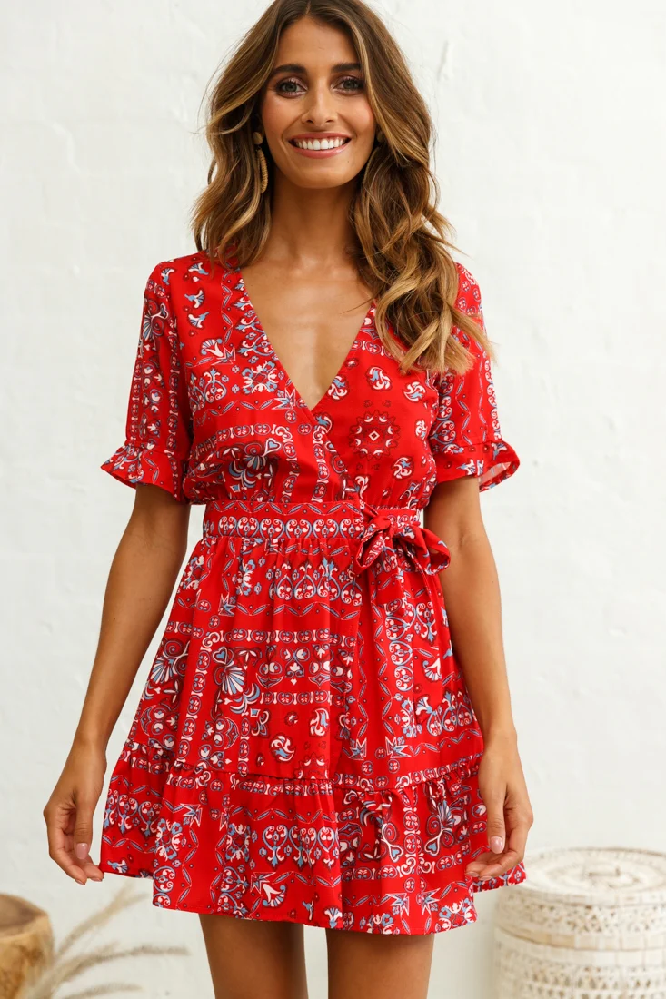 Rubi V-Neckline Wrap Dress Pattern Print Red - Image 6