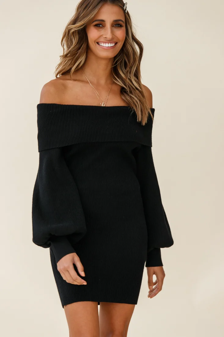 Runaway Off Shoulder Balloon Sleeve Knit Dress Black - Image 4