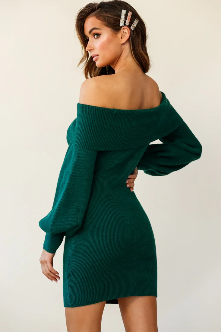 Runaway Off Shoulder Balloon Sleeve Knit Dress Forest Green - Image 4