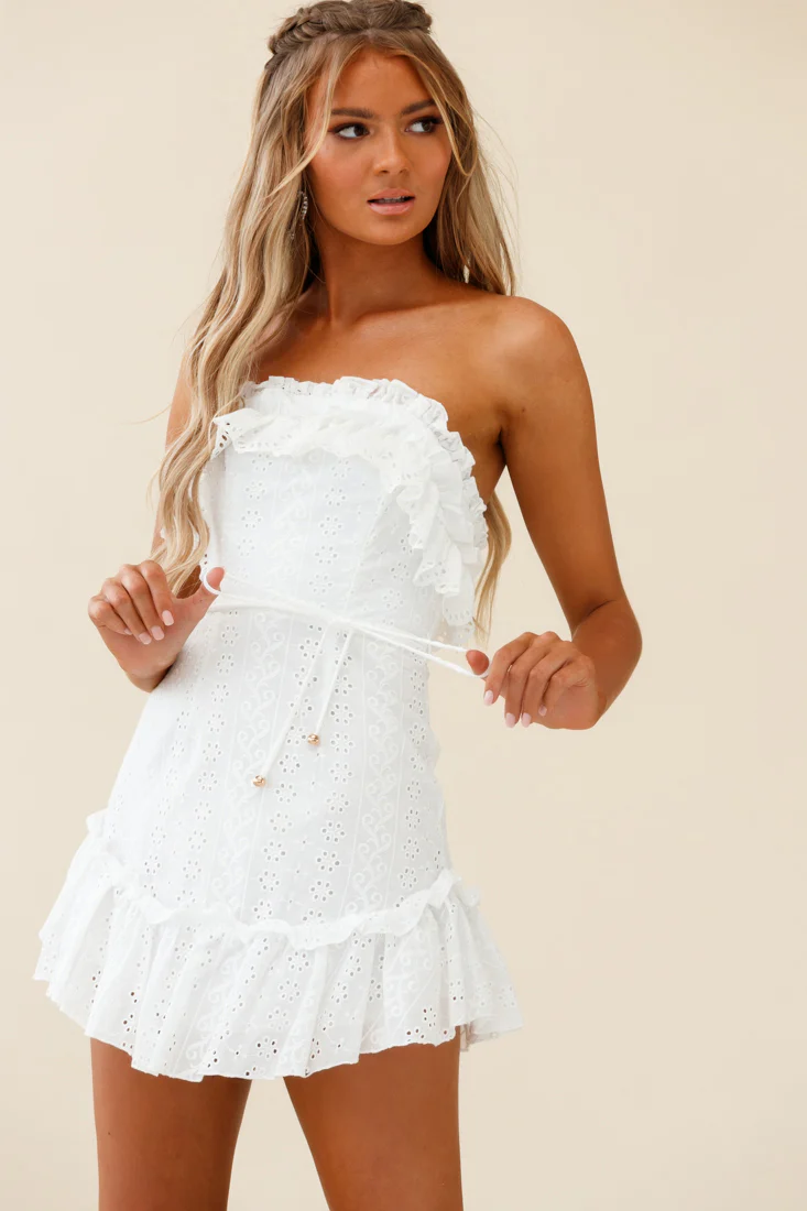 Running Through Your Mind Eyelet Embroidery Bandeau Dress White - Image 5