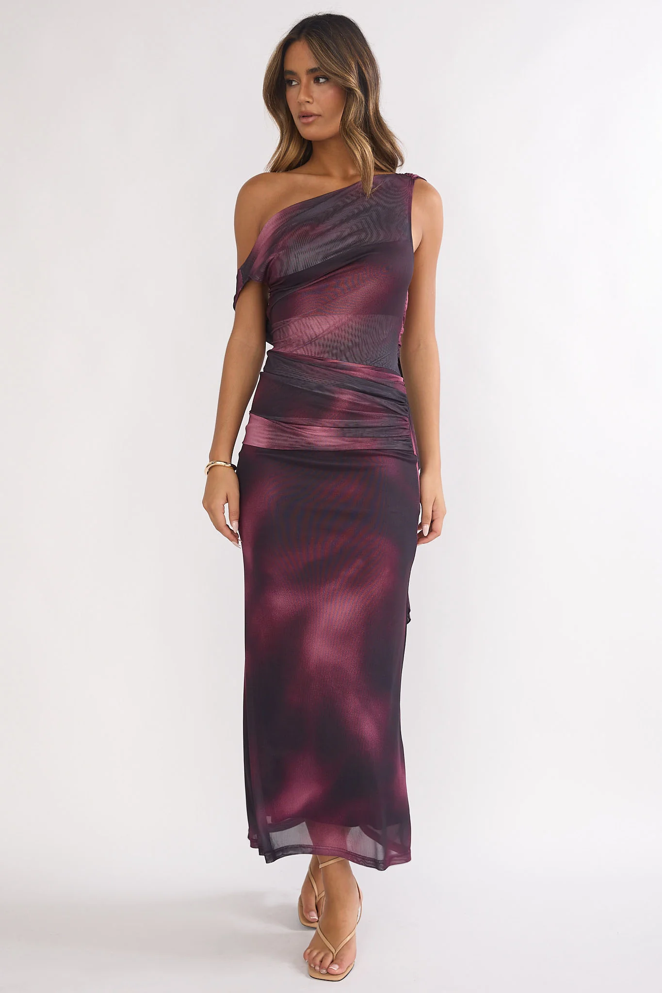 Saffra Shoulder Sash Ruched Maxi Dress Print Wine - Image 6