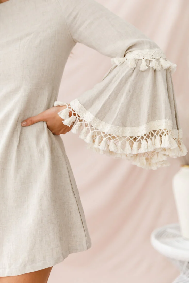 Sahara Tassel Trim Bell Sleeve Dress Beige - Image 4