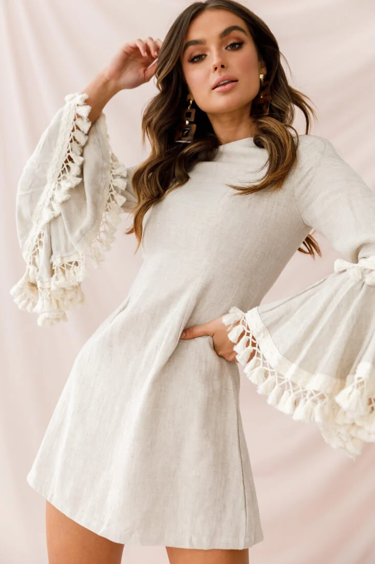 Sahara Tassel Trim Bell Sleeve Dress Beige - Image 5