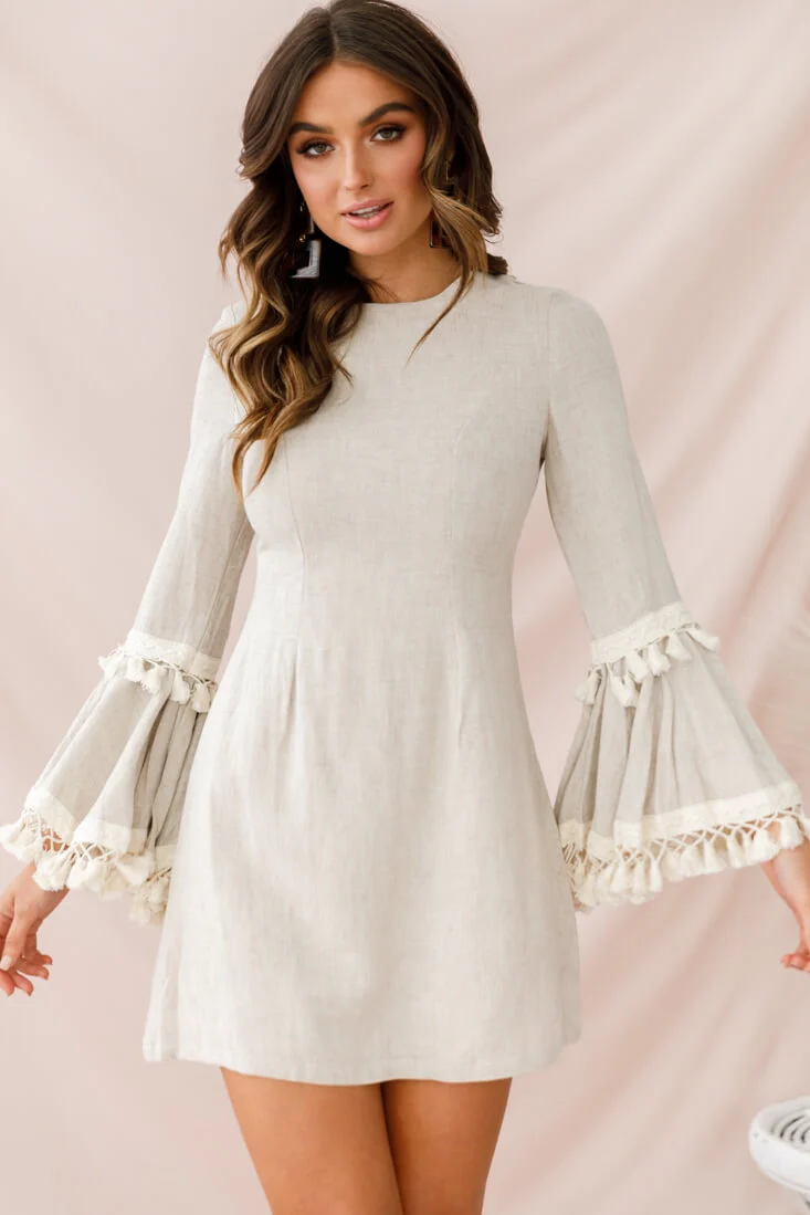 Sahara Tassel Trim Bell Sleeve Dress Beige - Image 7