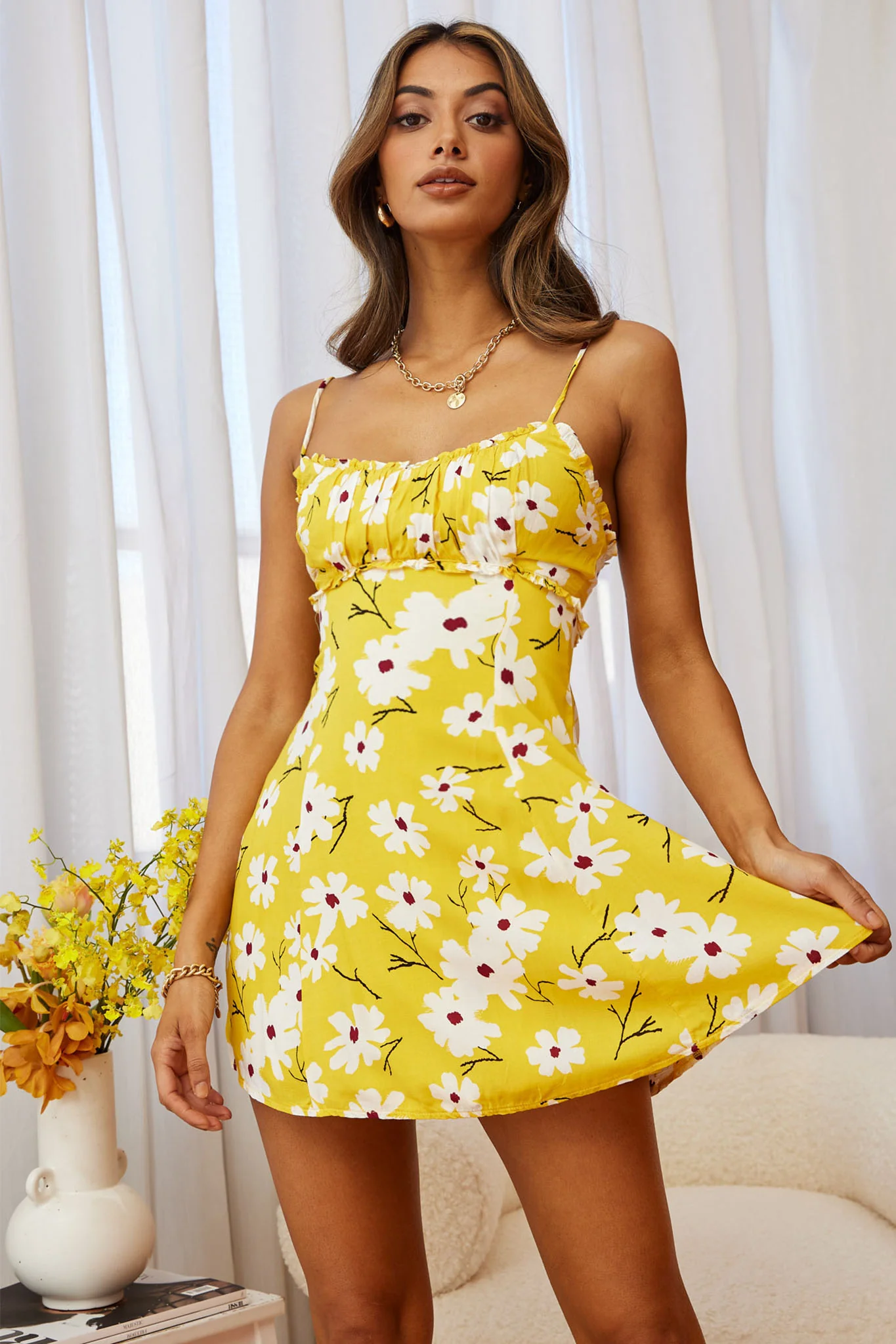 Sail Away Gathered Bust Frill Trim Summer Dress Floral Print Yellow - Image 4