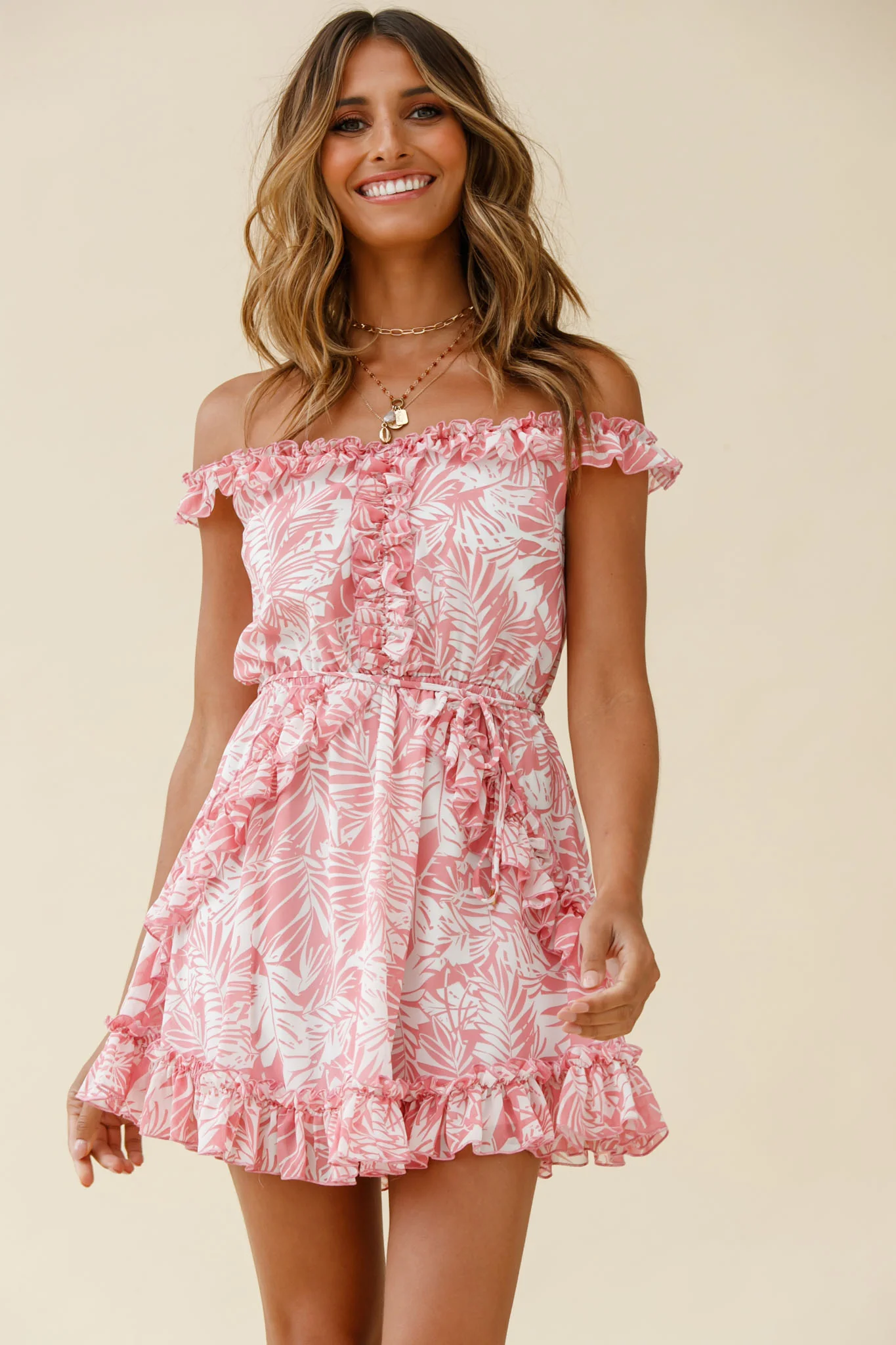 Sail Away Off-Shoulder Frill Accent Dress Tropical Print Pink - Image 5