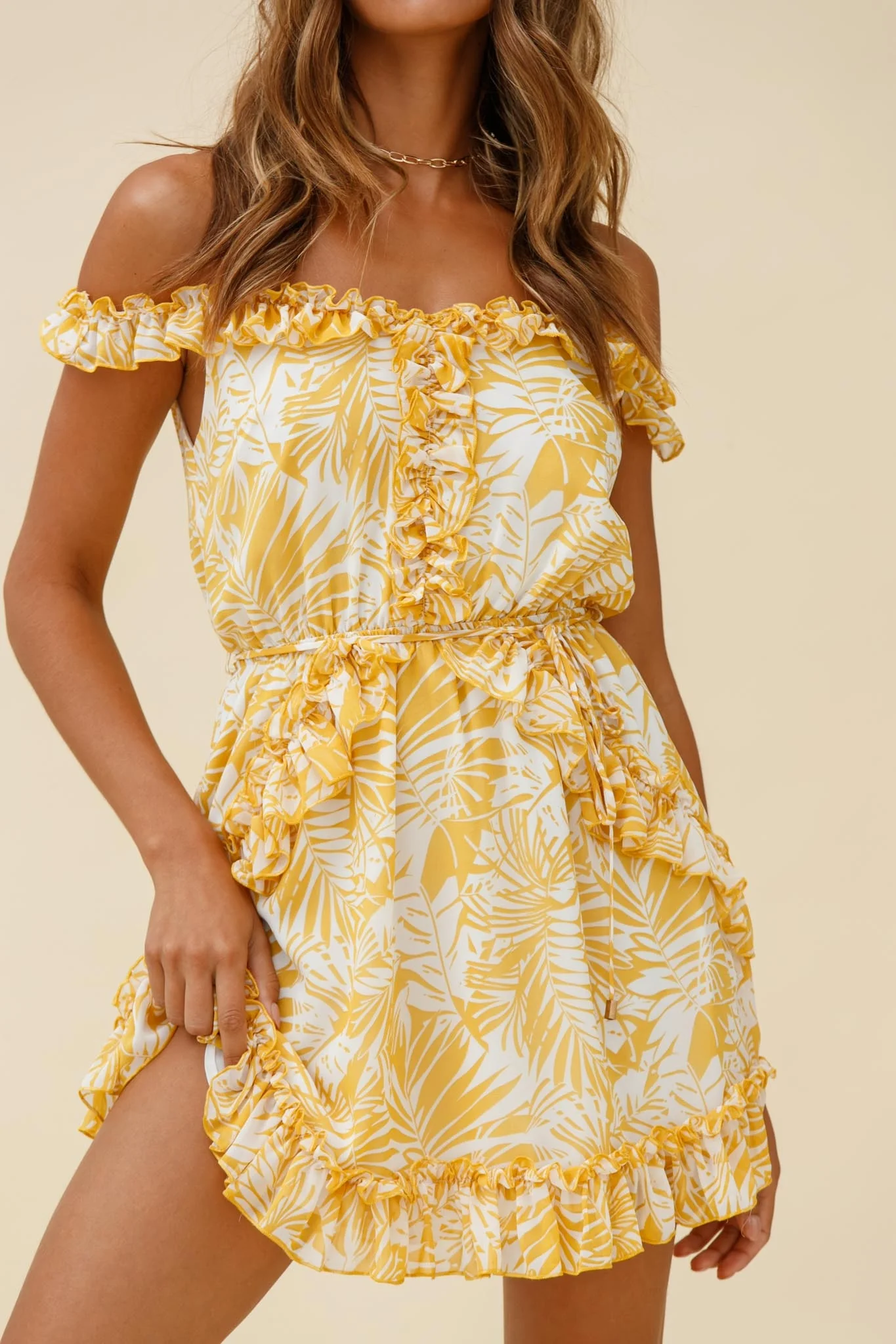 Sail Away Off-Shoulder Frill Accent Dress Tropical Print Yellow - Image 4
