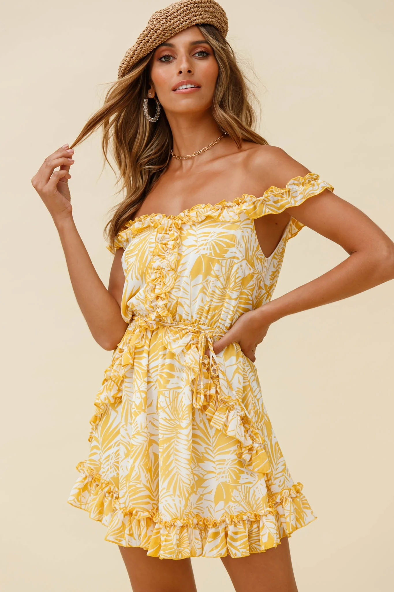 Sail Away Off-Shoulder Frill Accent Dress Tropical Print Yellow - Image 5