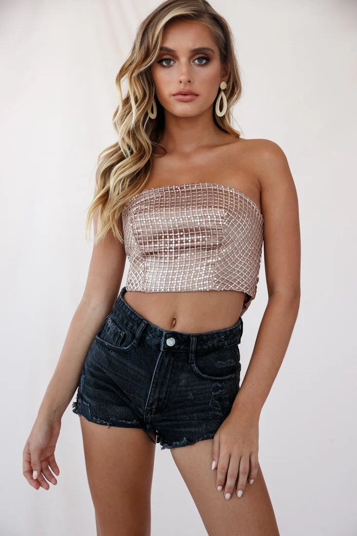 Saint Tie-Knot Back Satin Sequin Crop Top Bronze - Image 2