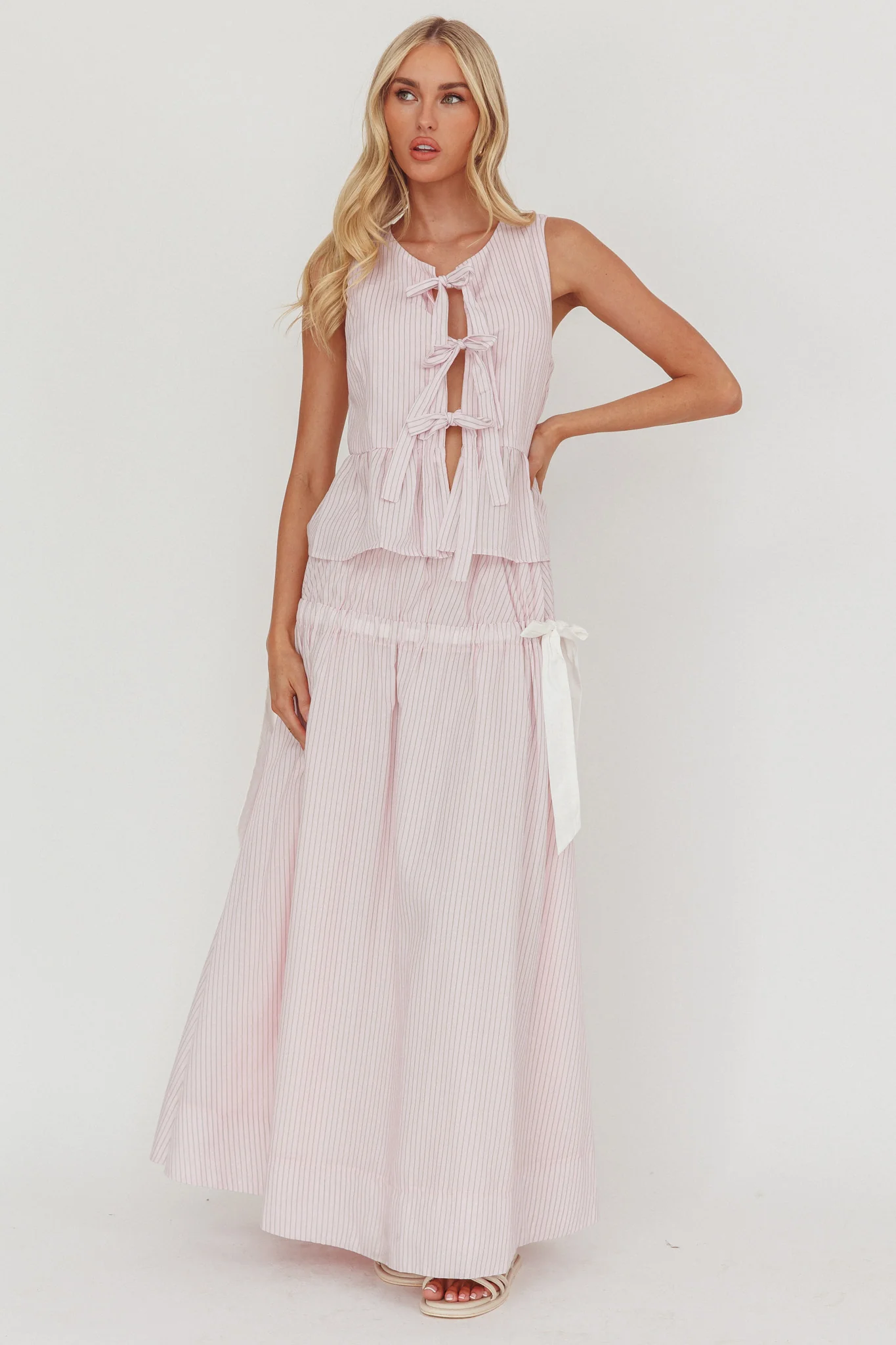 Salty Sea Side Bow Maxi Skirt Blush Stripe