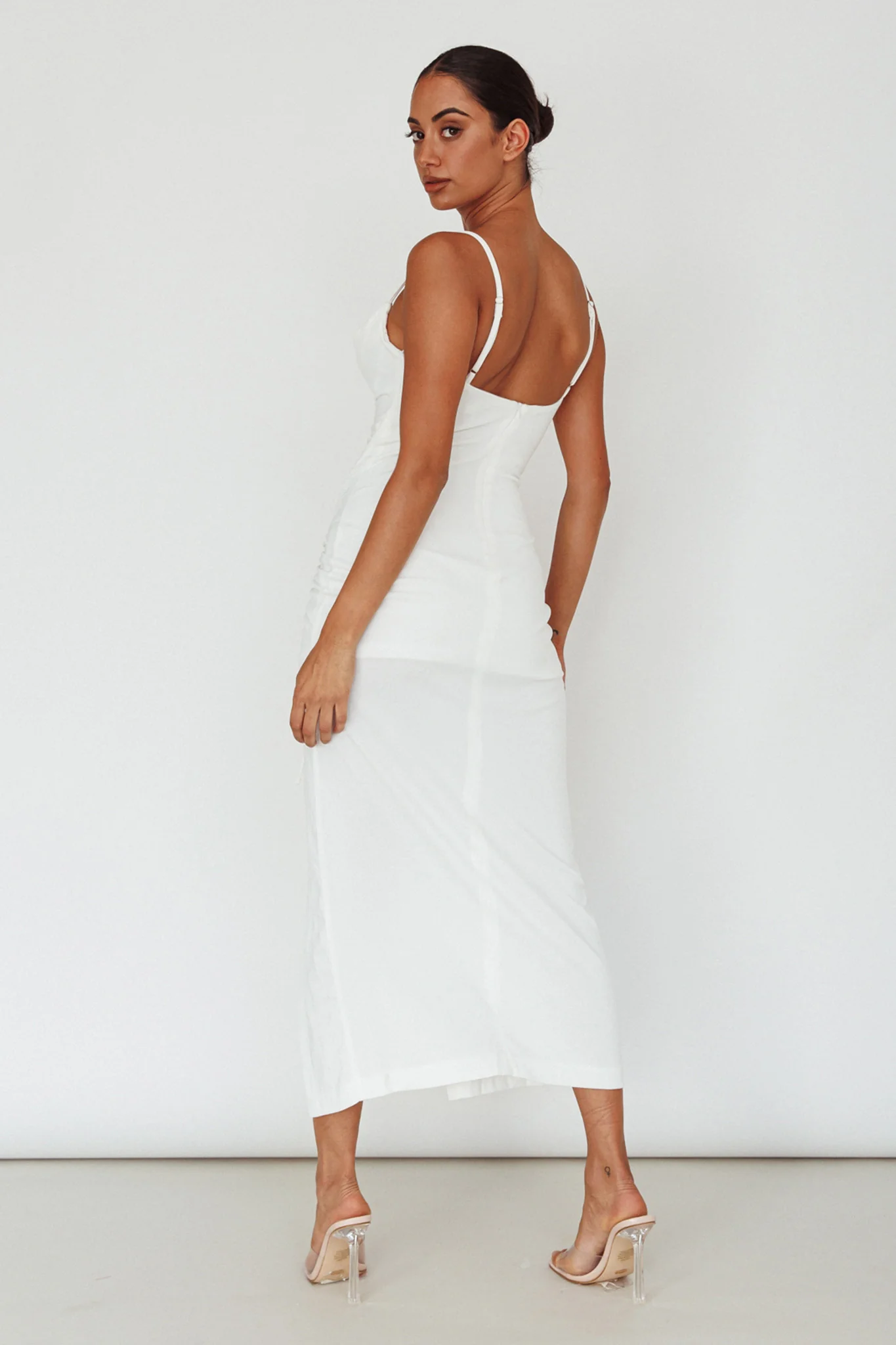 Samba Night Drawstring Ruched Midi Dress White - Image 2