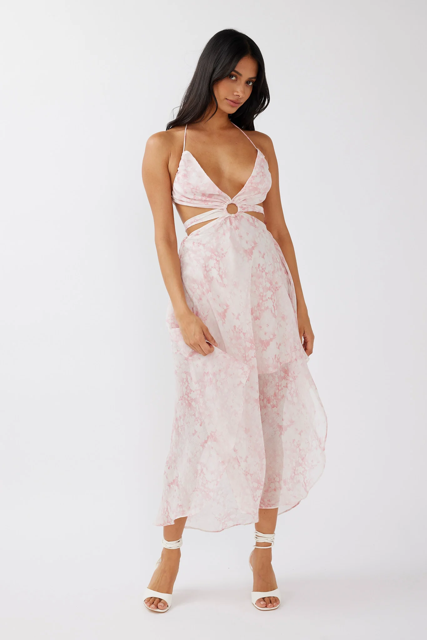 Samia Cut-Out Halterneck Midi Dress Print Blush - Image 3