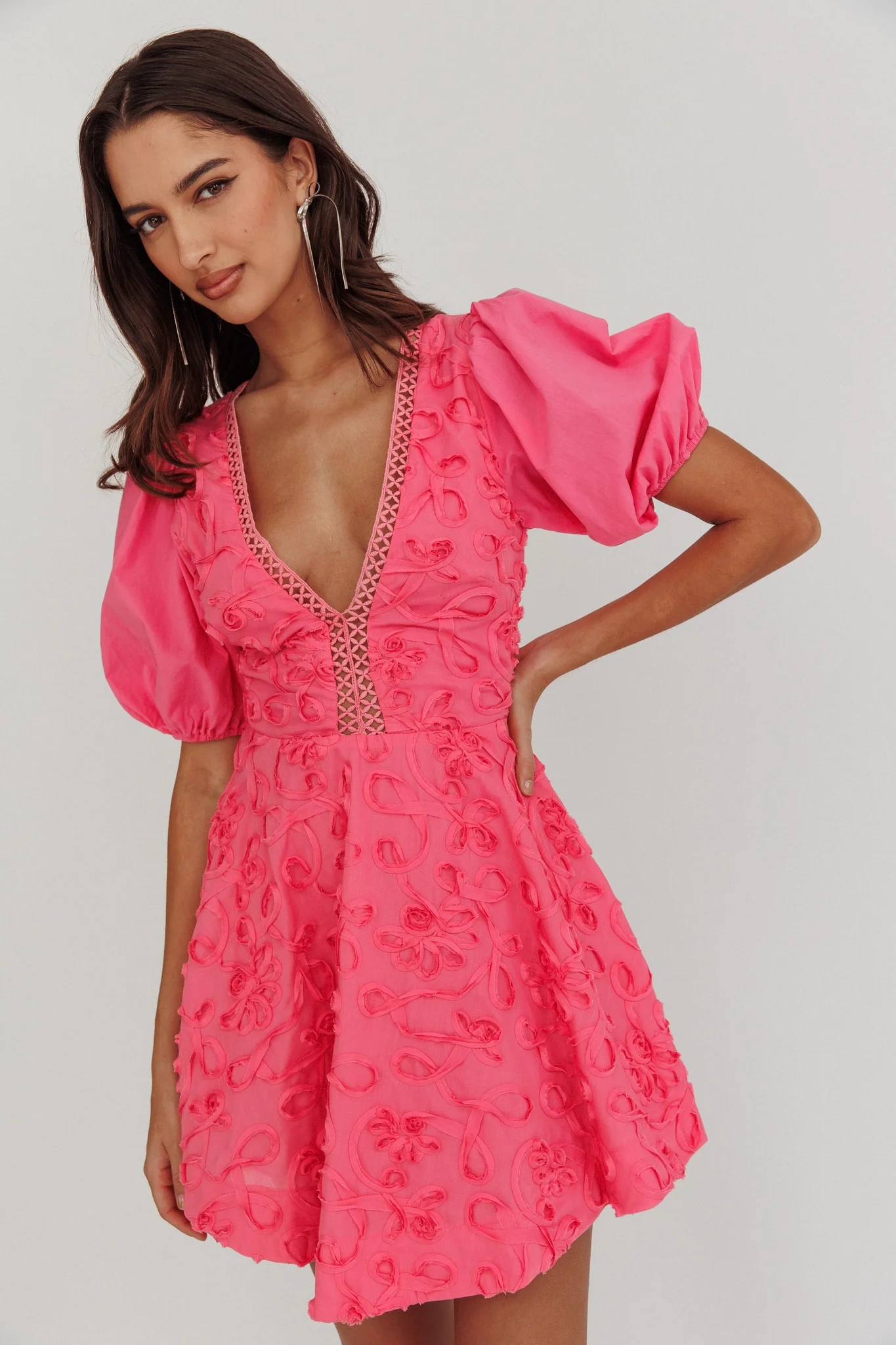 Samsara Puff Sleeve Mini Dress Hot Pink - Image 2