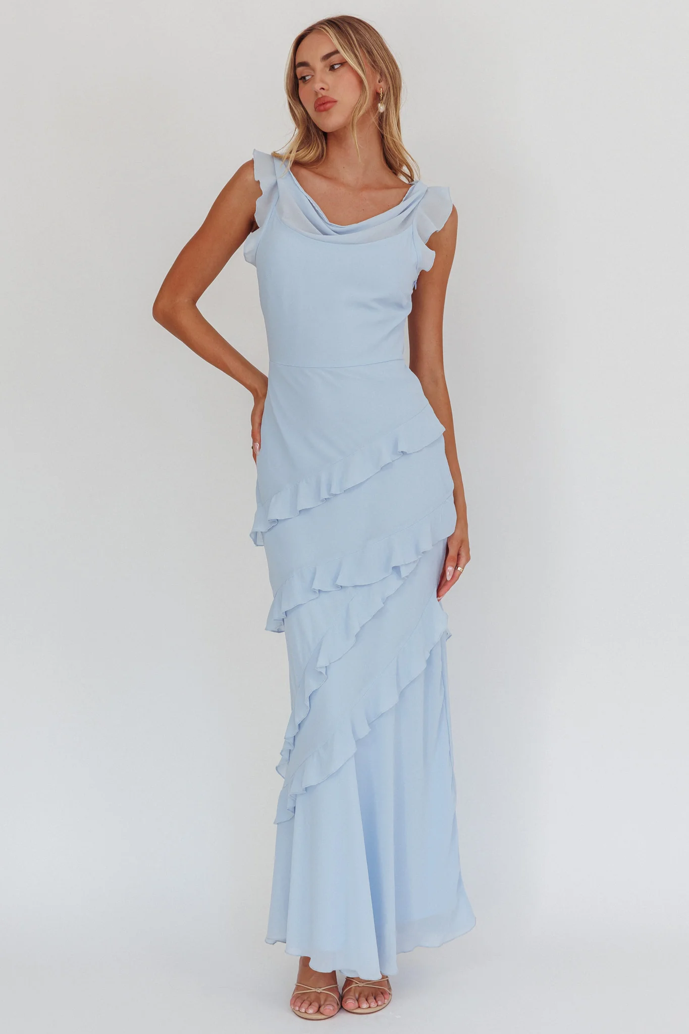 Sangria Cowl Neck Frill Maxi Dress Blue - Image 5