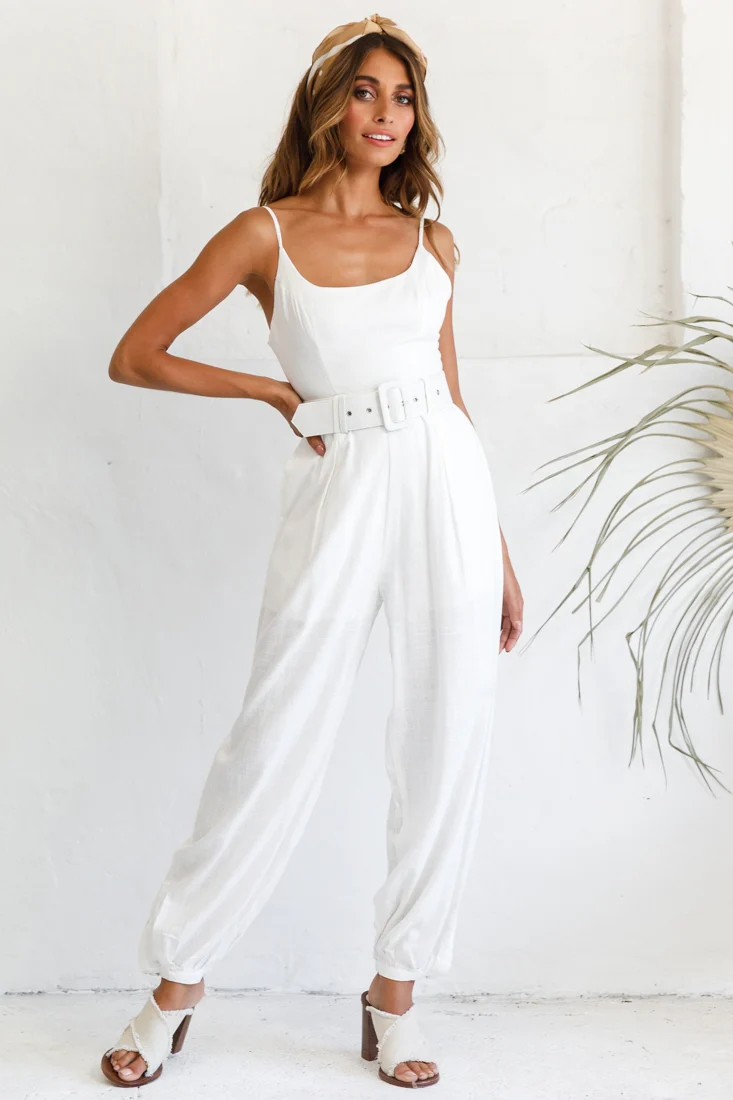 Santa Barbara Cuffed Hem Belted Jumpsuit White - Image 6