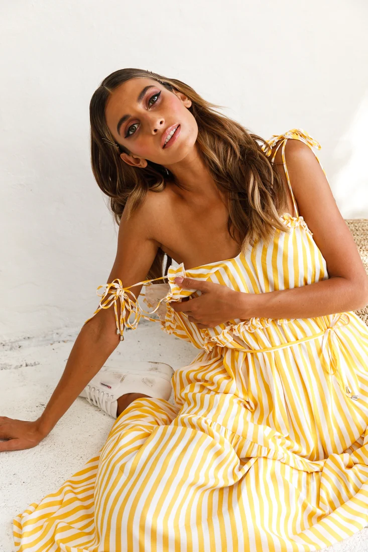 Santa Monica String Tie Maxi Dress Stripe Print Mustard - Image 6