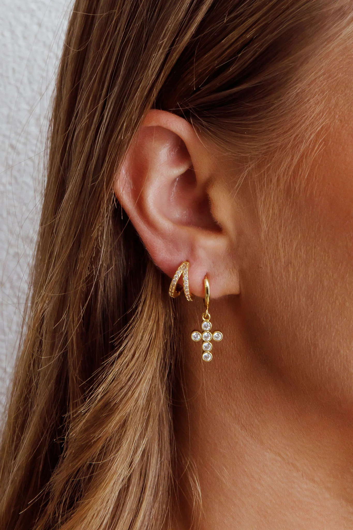 Santiago Cross Drop Diamante Hoop Earrings Gold - Image 2