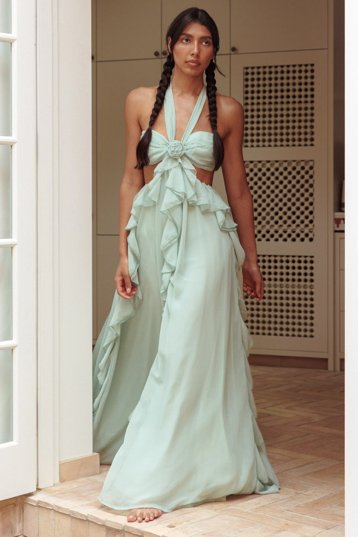 Santiago Cut-Out Ruffle Maxi Dress Sage - Image 6