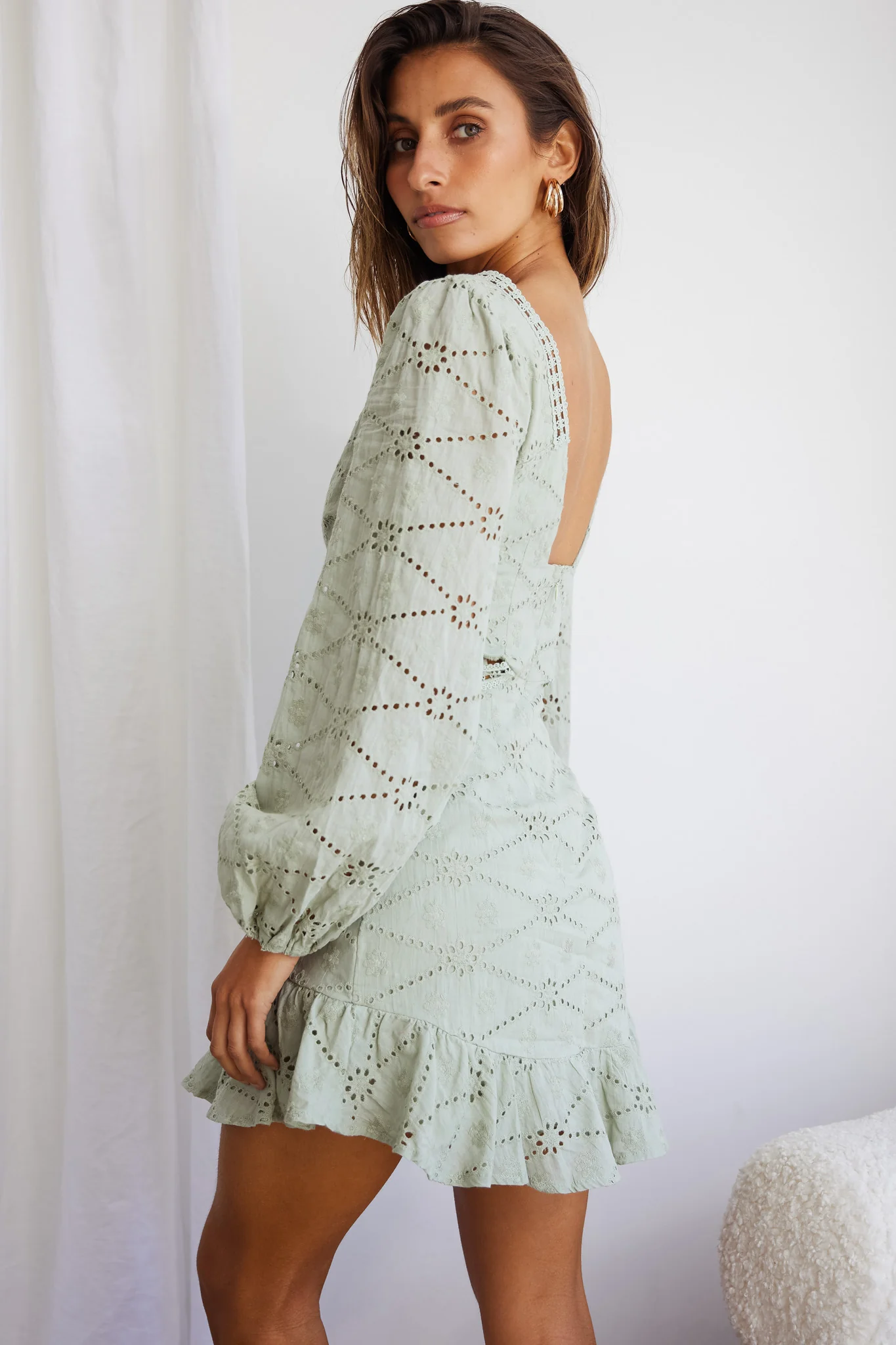 Santorini Sunset Balloon Sleeve Cut-Out Eyelet Dress Sage - Image 6