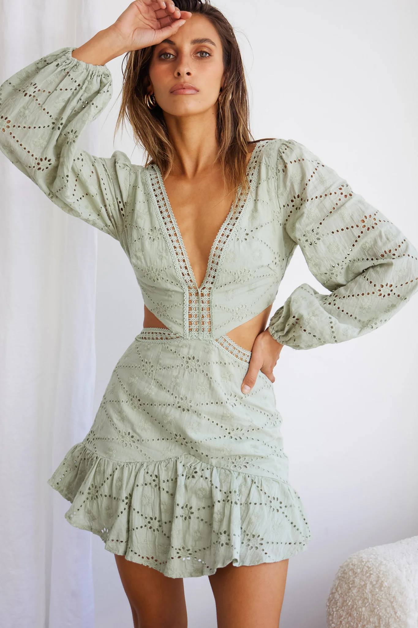 Santorini Sunset Balloon Sleeve Cut-Out Eyelet Dress Sage - Image 7