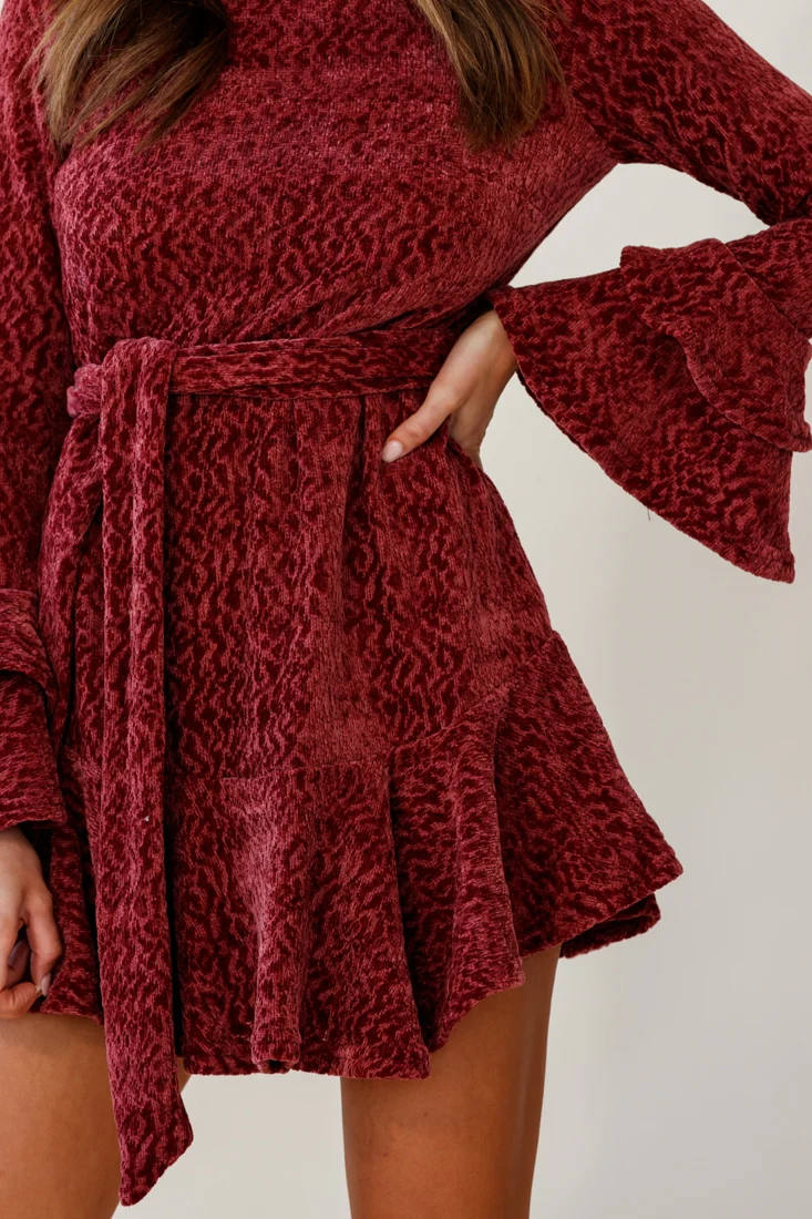 Saphira Long Sleeve Fluted Hem Knit Dress Rose - Image 6