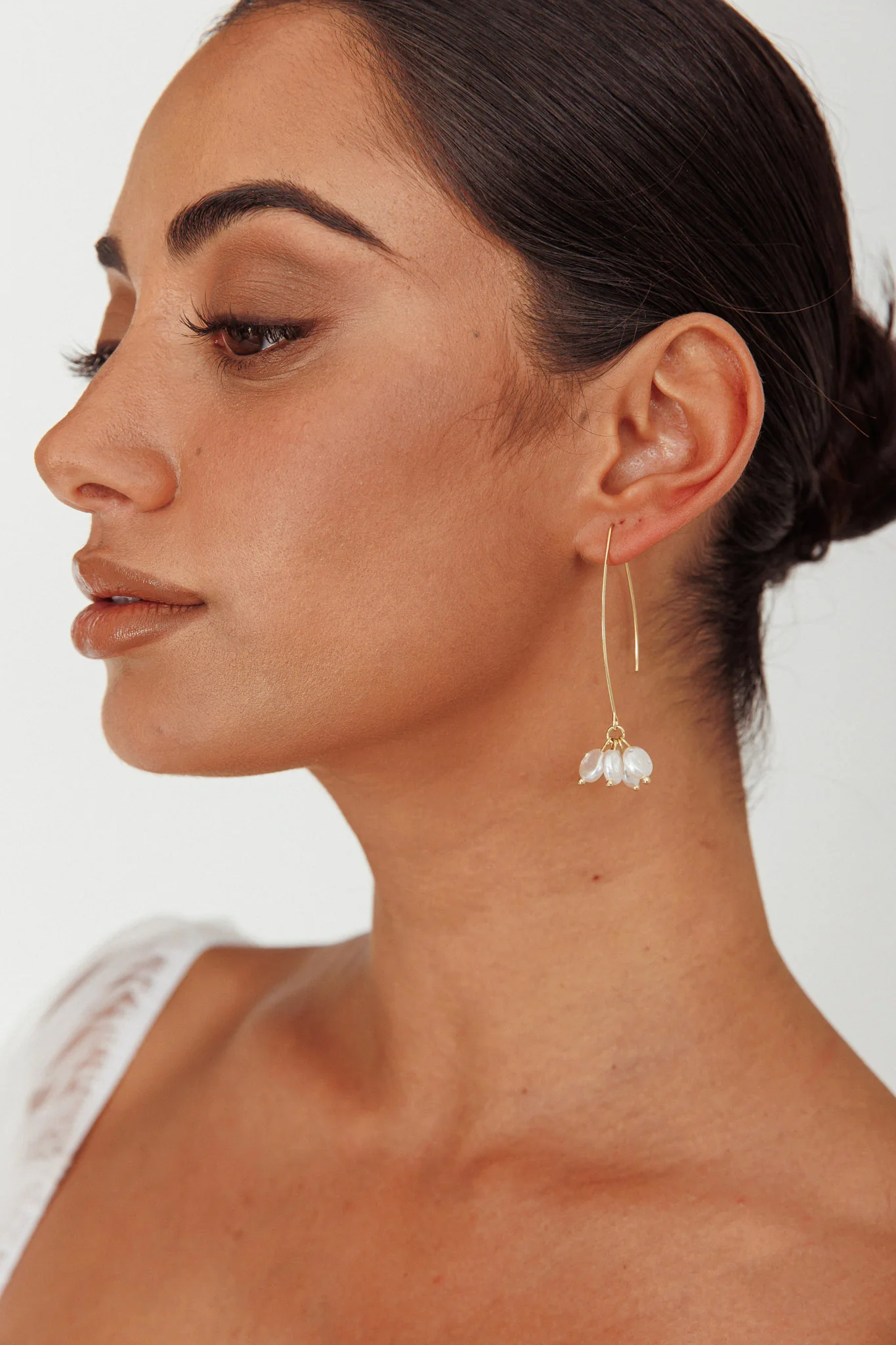 Sarah Pearl Accent Long Hook Earrings Gold - Image 4