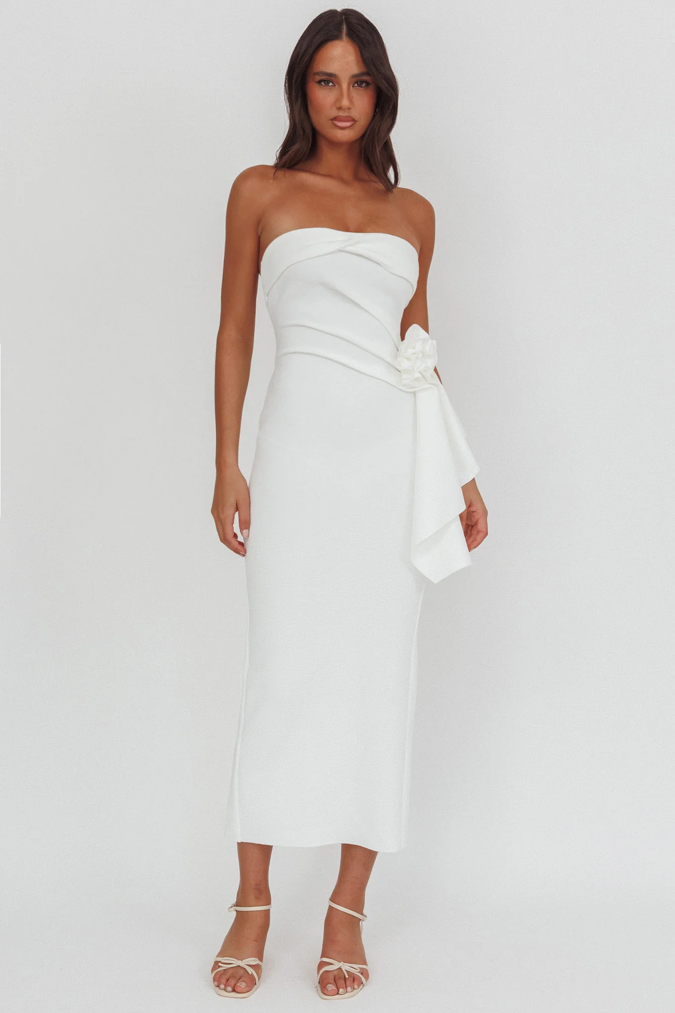 Sasha Cascade Ruffle Rosette Midi Dress White - Image 3