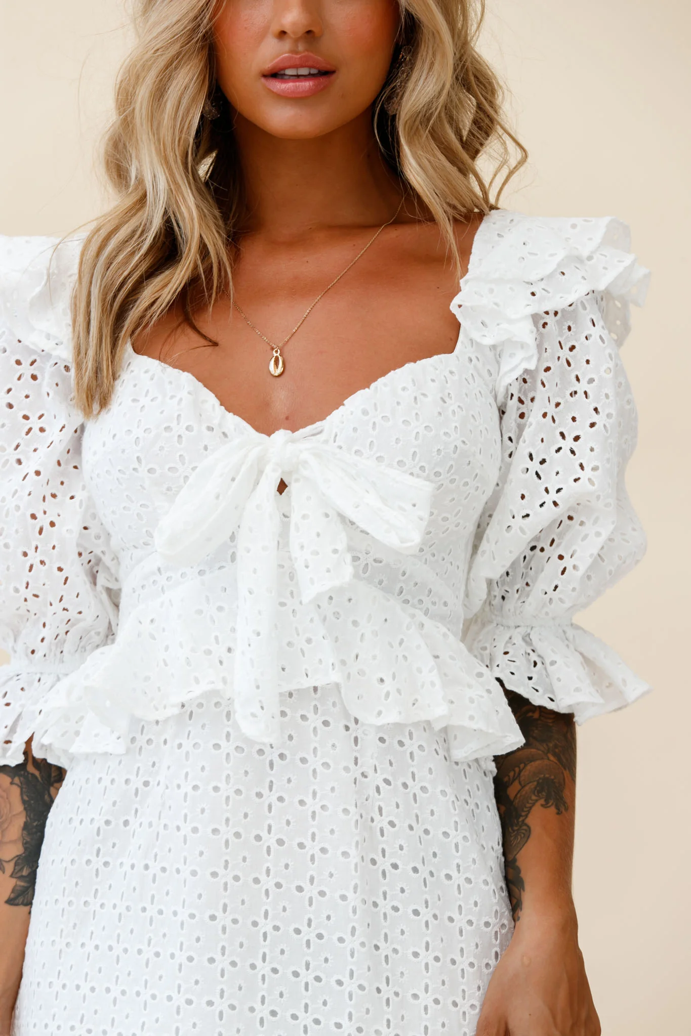 Say That Again Bust Tie Ruffle Trim Dress White - Image 6