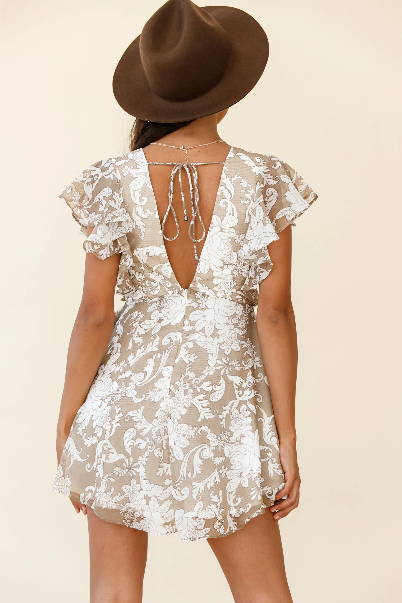 Say That Again Ruffle Shoulder Dress Ornate Floral Print Beige - Image 3