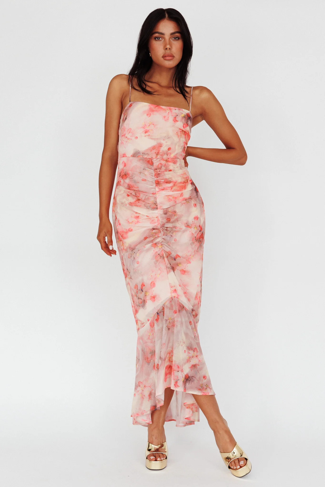 Sayna Ruched Front Midi Dress Floral Pink - Image 3