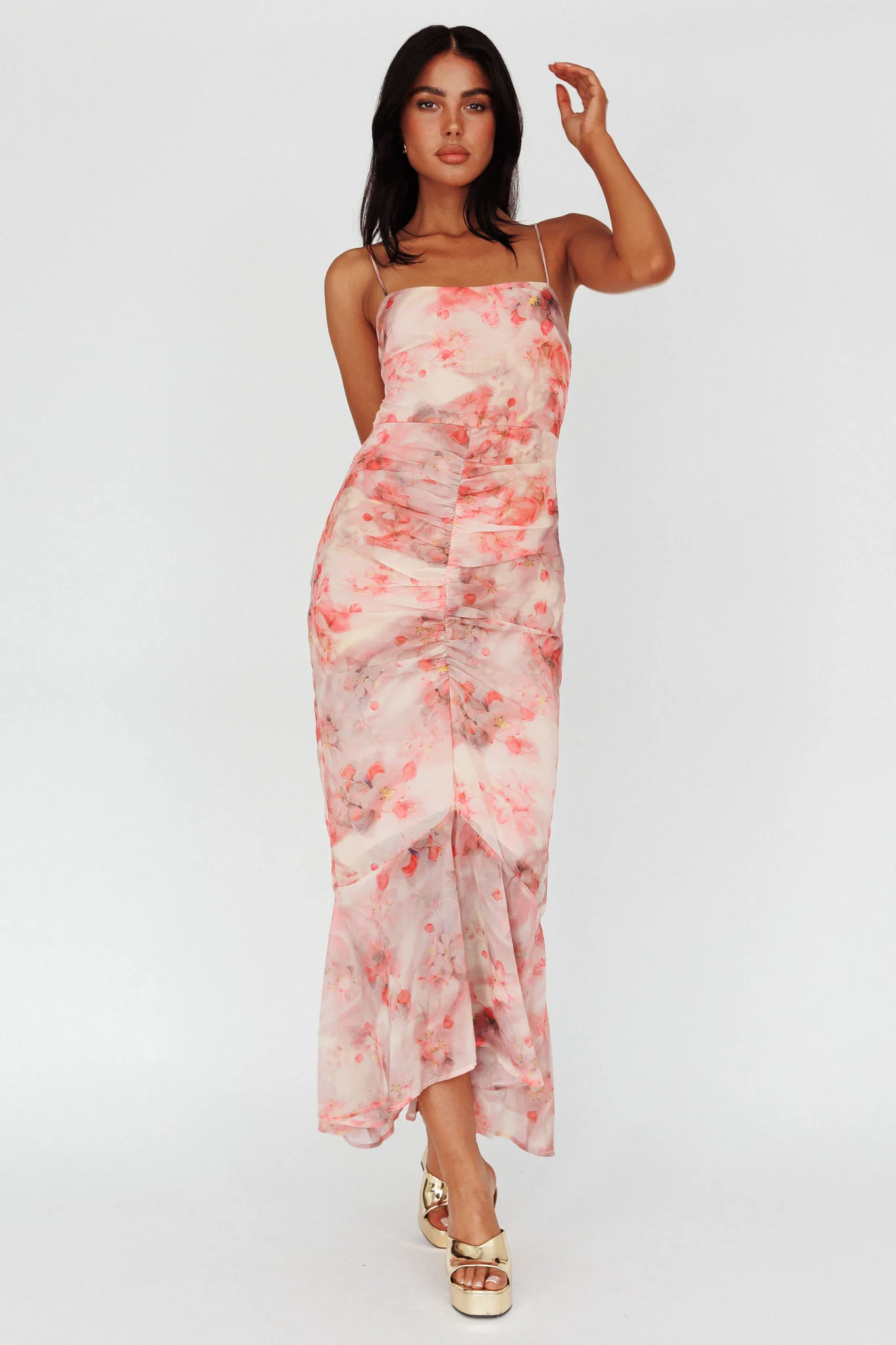 Sayna Ruched Front Midi Dress Floral Pink - Image 5