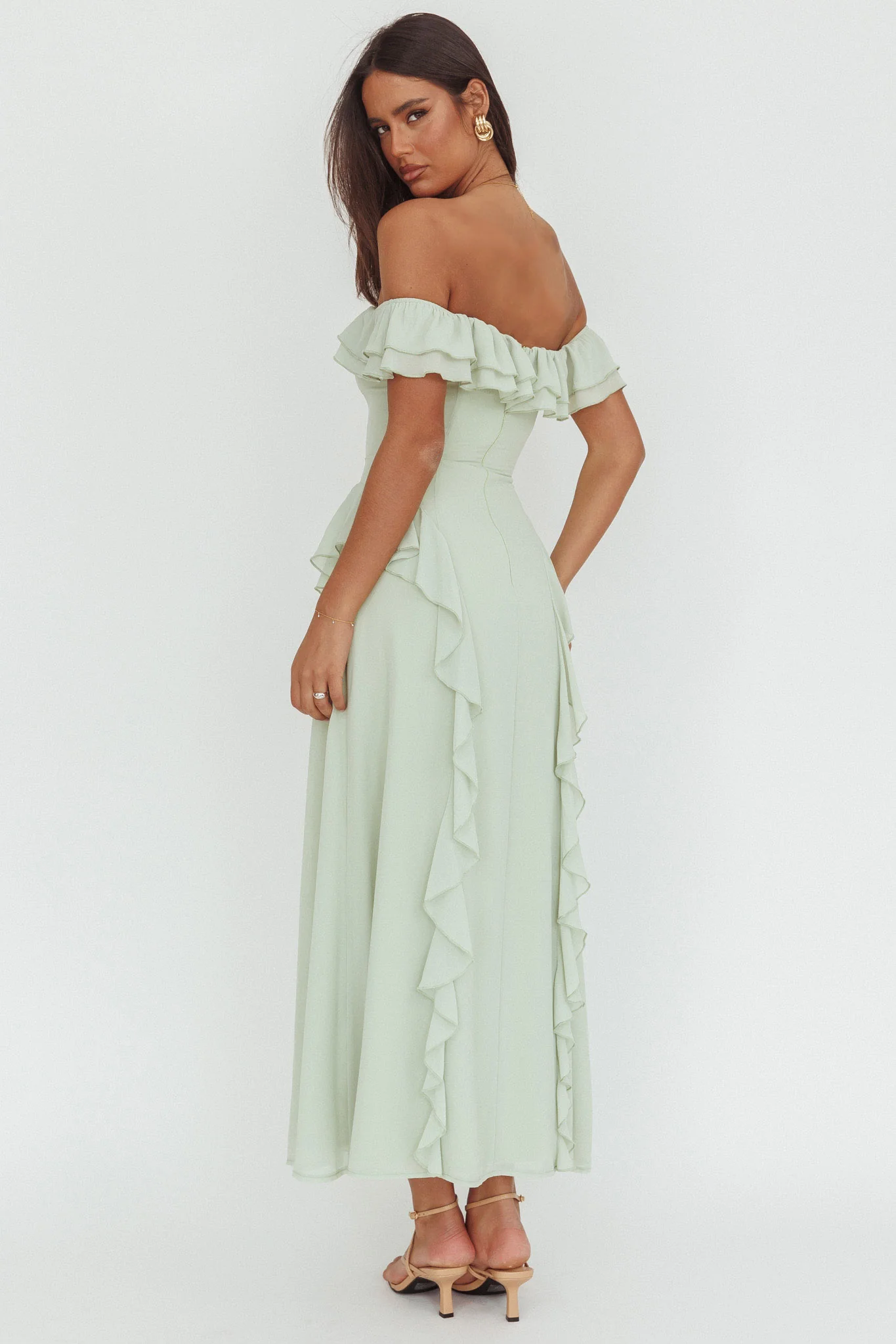 Scarlet Off-Shoulder Ruffle Trim Maxi Dress Sage - Image 2