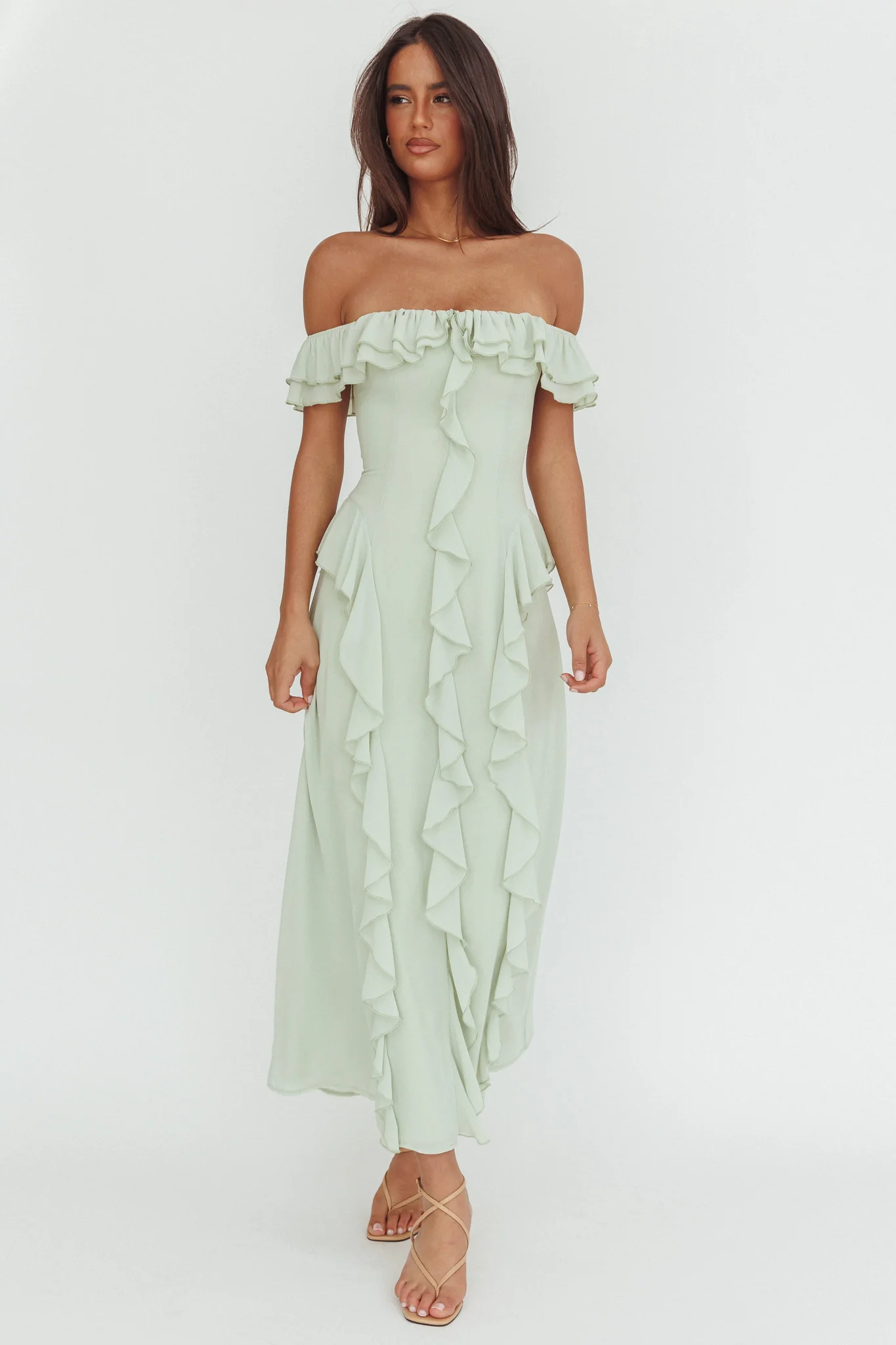 Scarlet Off-Shoulder Ruffle Trim Maxi Dress Sage - Image 4