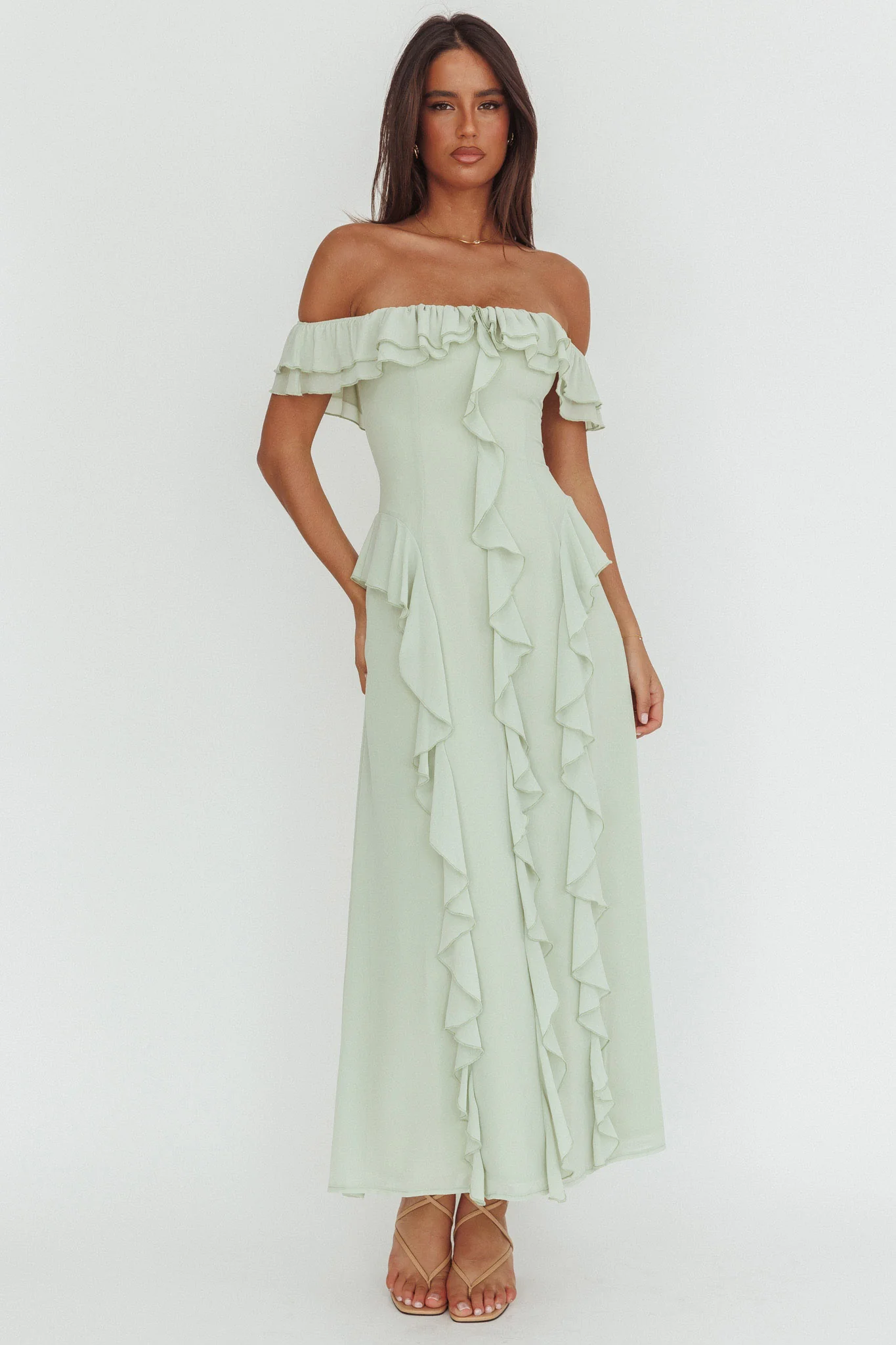 Scarlet Off-Shoulder Ruffle Trim Maxi Dress Sage - Image 5