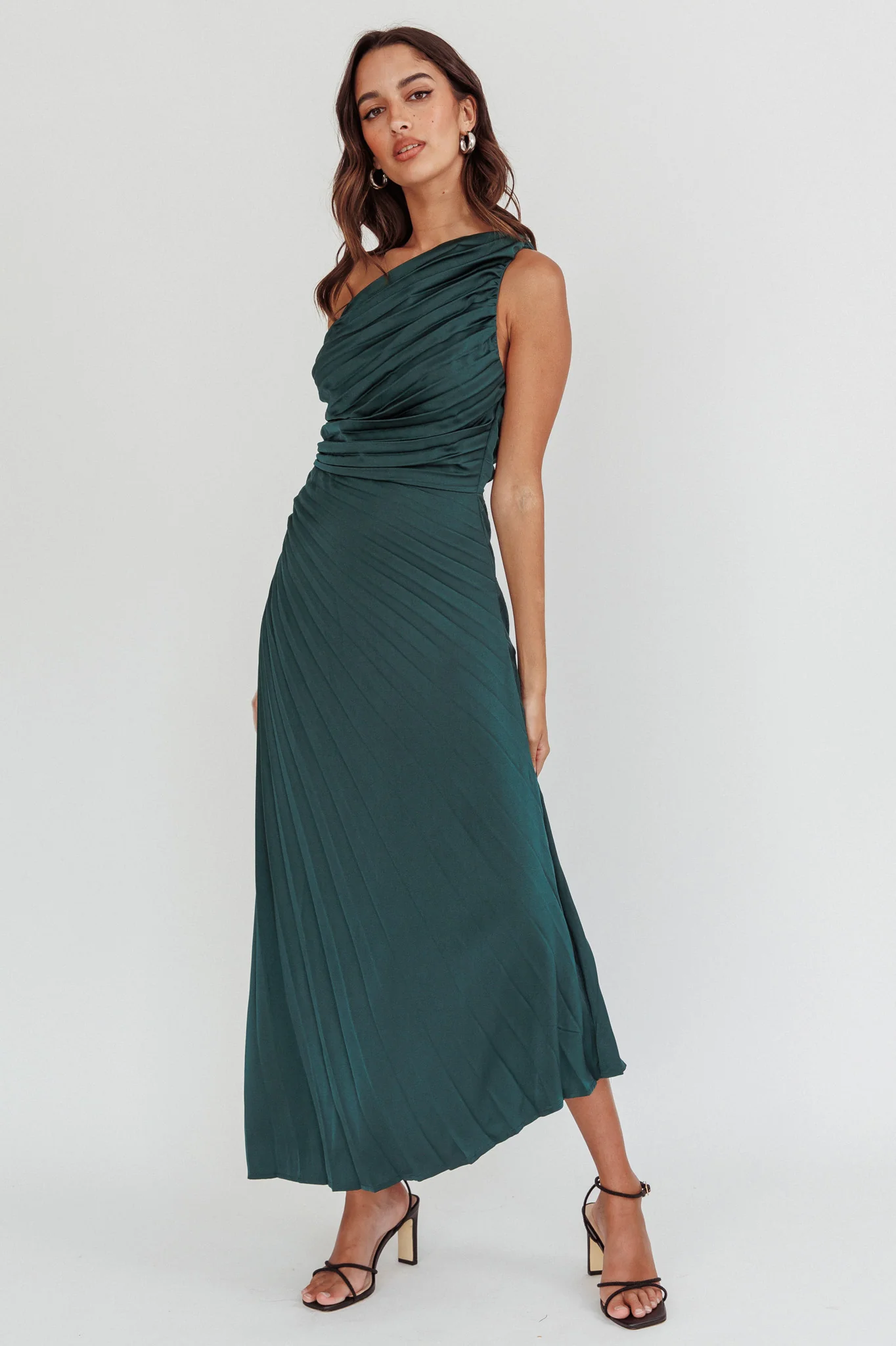 Scarlett One-Shoulder Pleat Maxi Dress Green - Image 3