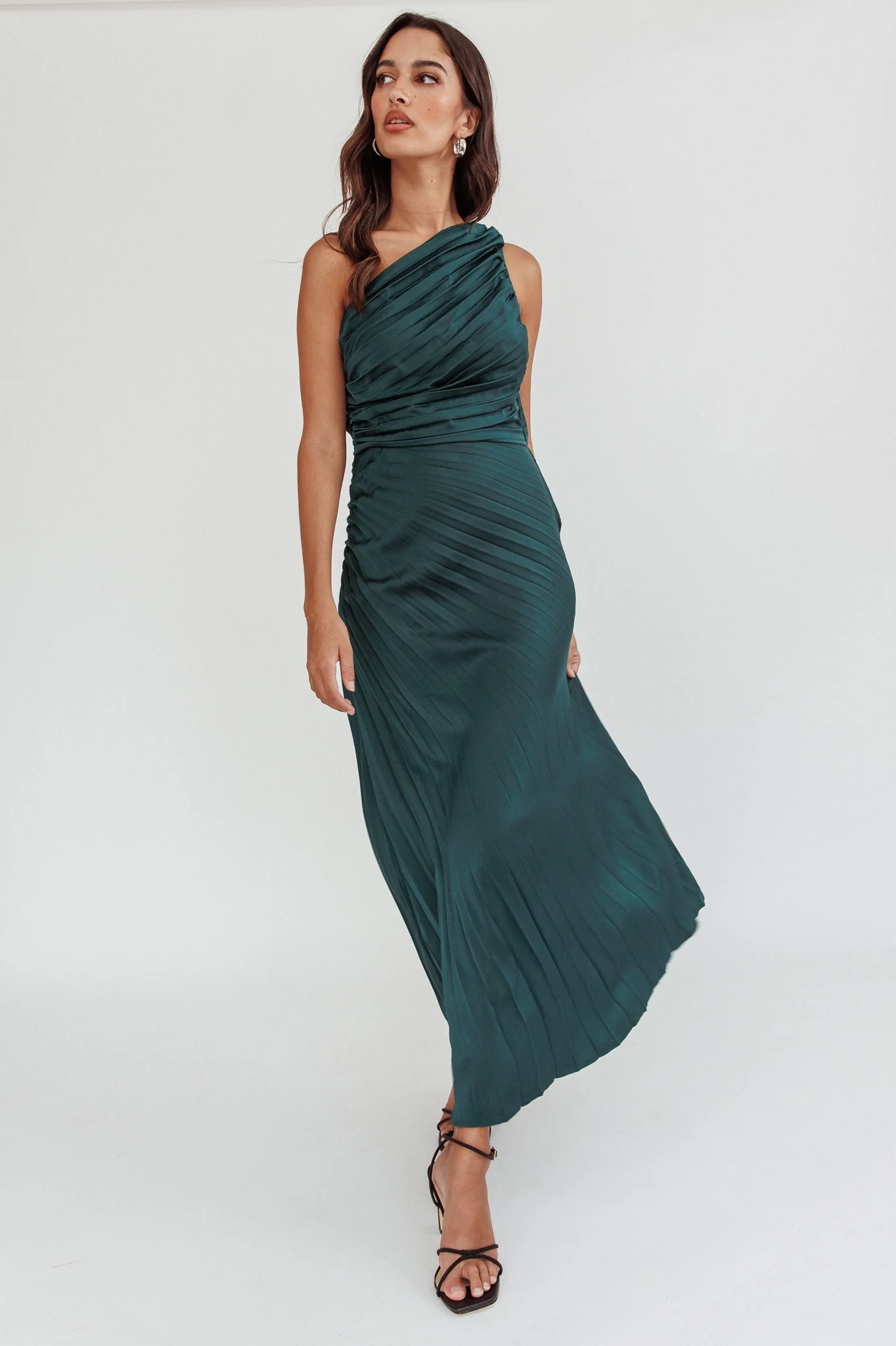 Scarlett One-Shoulder Pleat Maxi Dress Green - Image 5