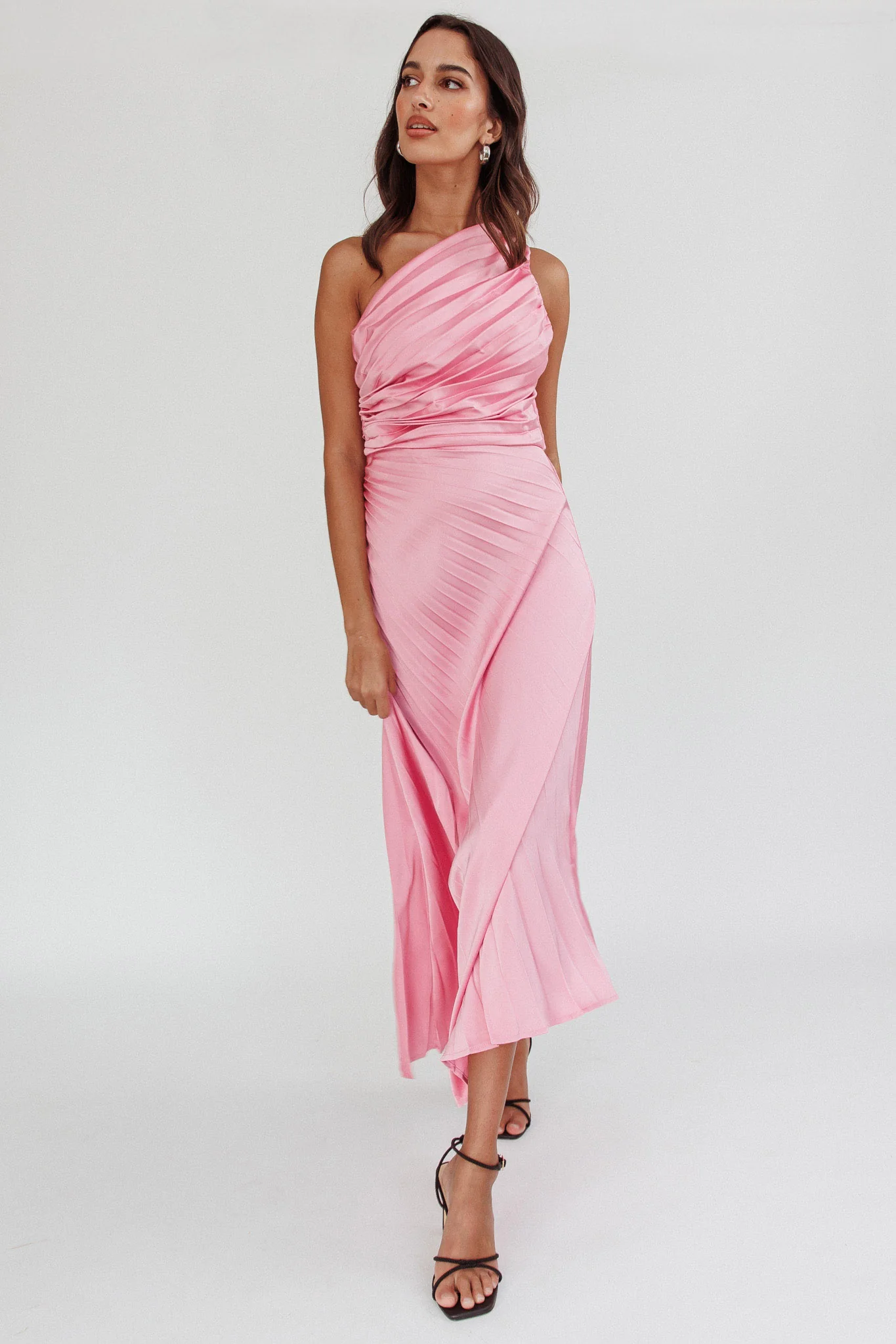 Scarlett One-Shoulder Pleat Maxi Dress Pink - Image 3