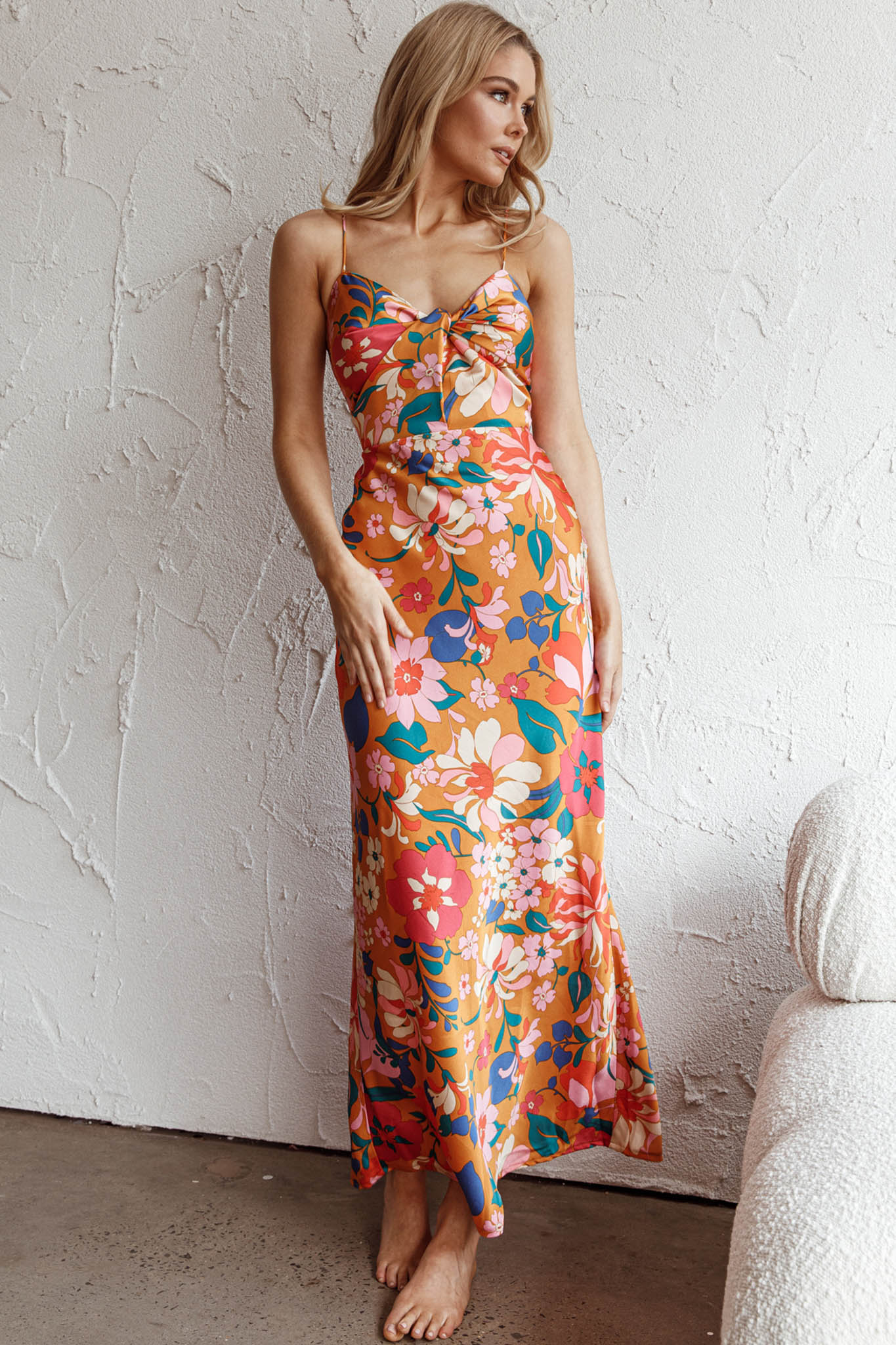 Sea Change Twist Bust Midi Dress Floral Orange - Image 3