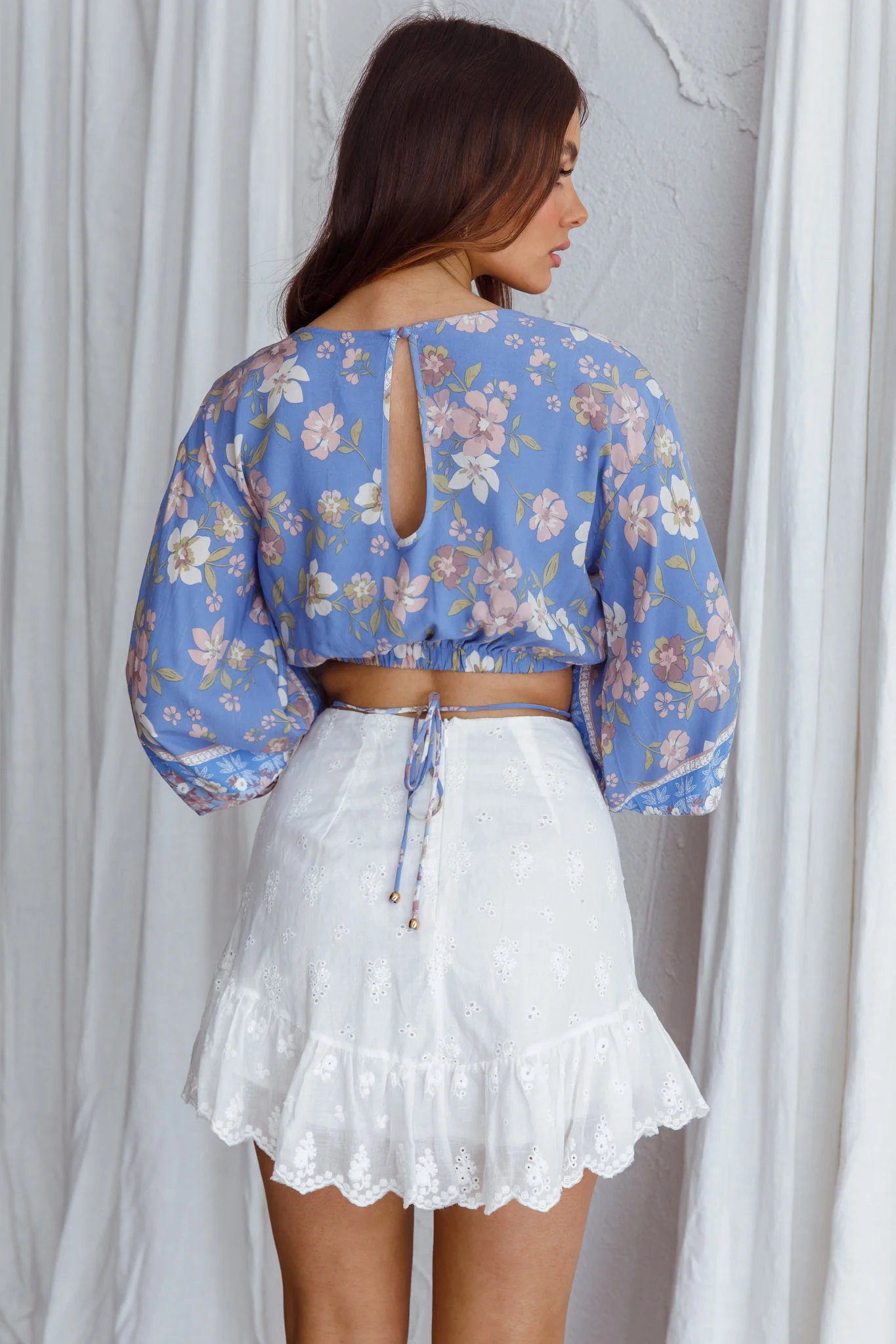 Sea View Long Sleeve Crop Top Floral Blue - Image 5