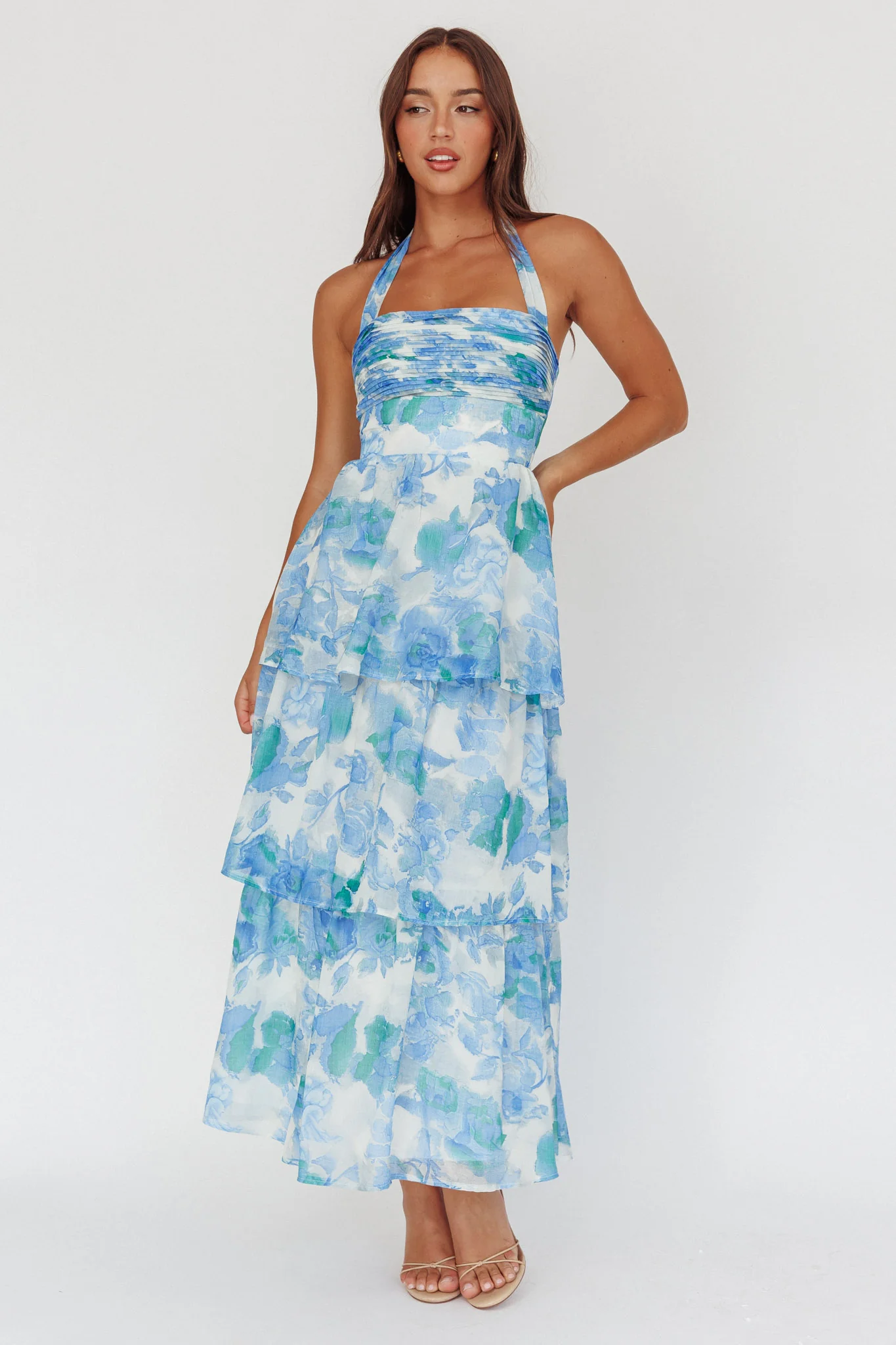Seascape Halterneck Layered Maxi Dress Floral Blue - Image 2