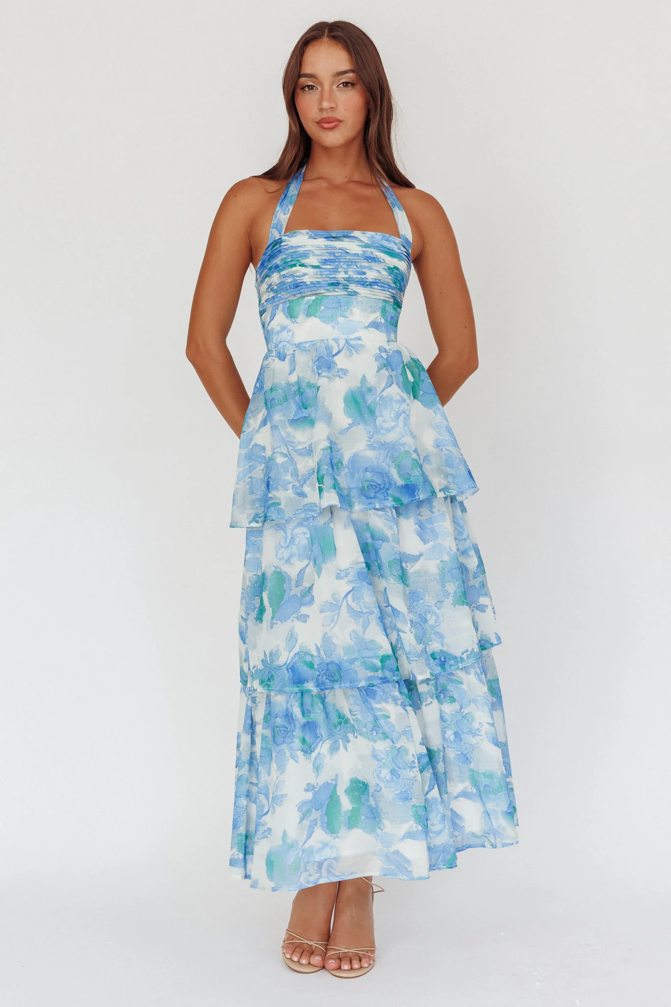 Seascape Halterneck Layered Maxi Dress Floral Blue - Image 5