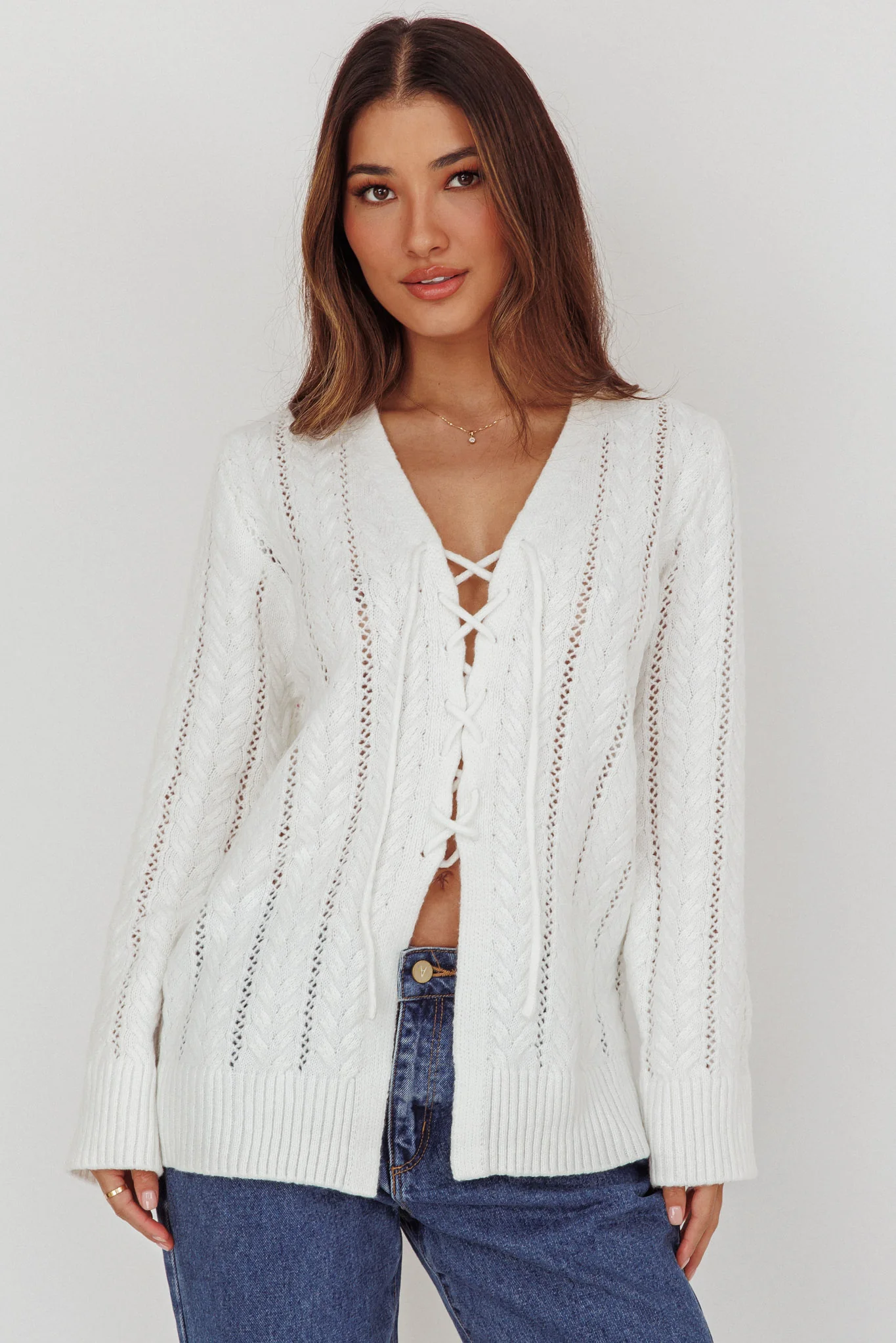 Seattle Lace-Up Front Knit Top White - Image 5
