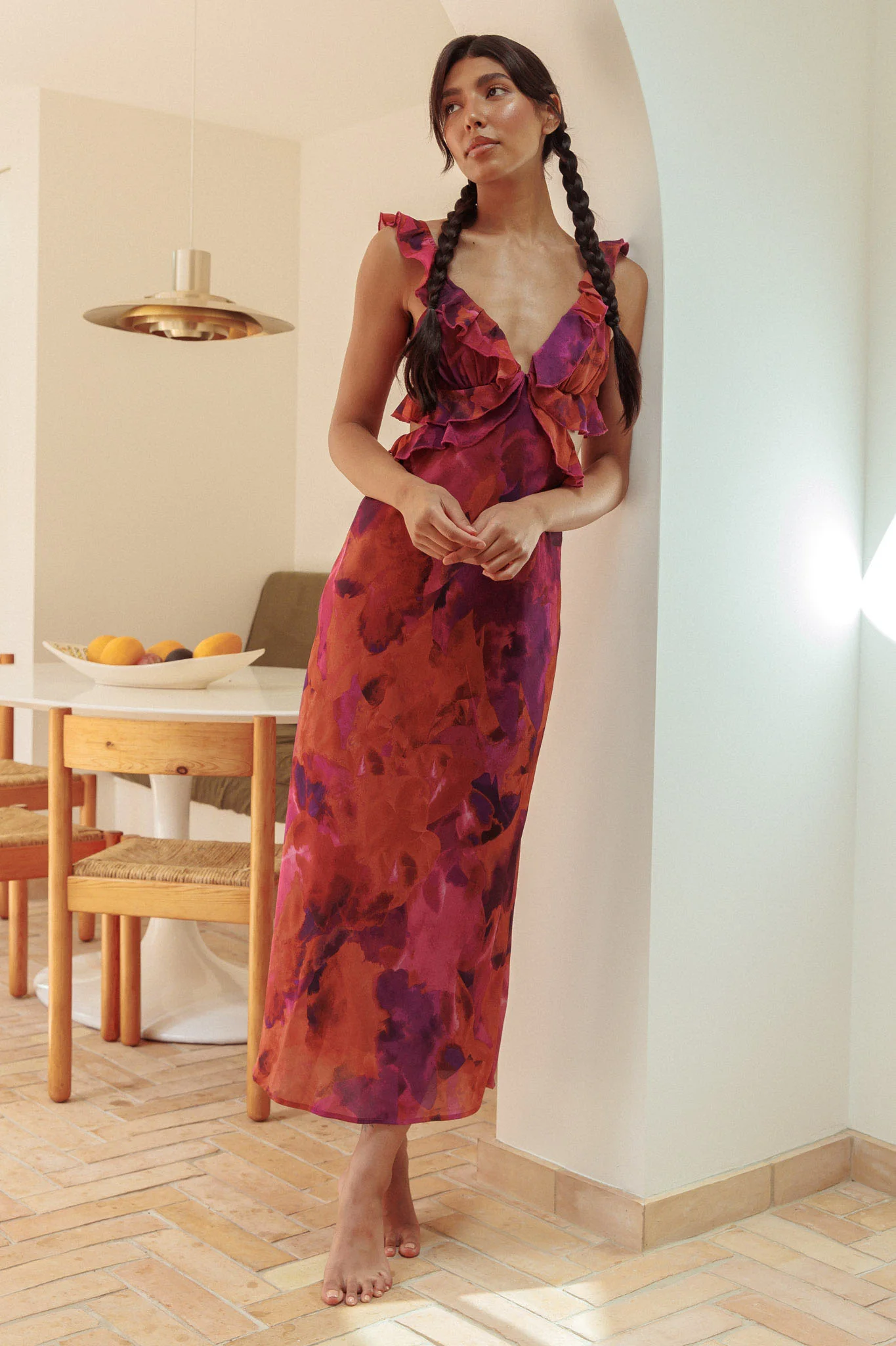 Second Chances Ruffle Trim Maxi Dress Flowers Dark Rose - Image 5