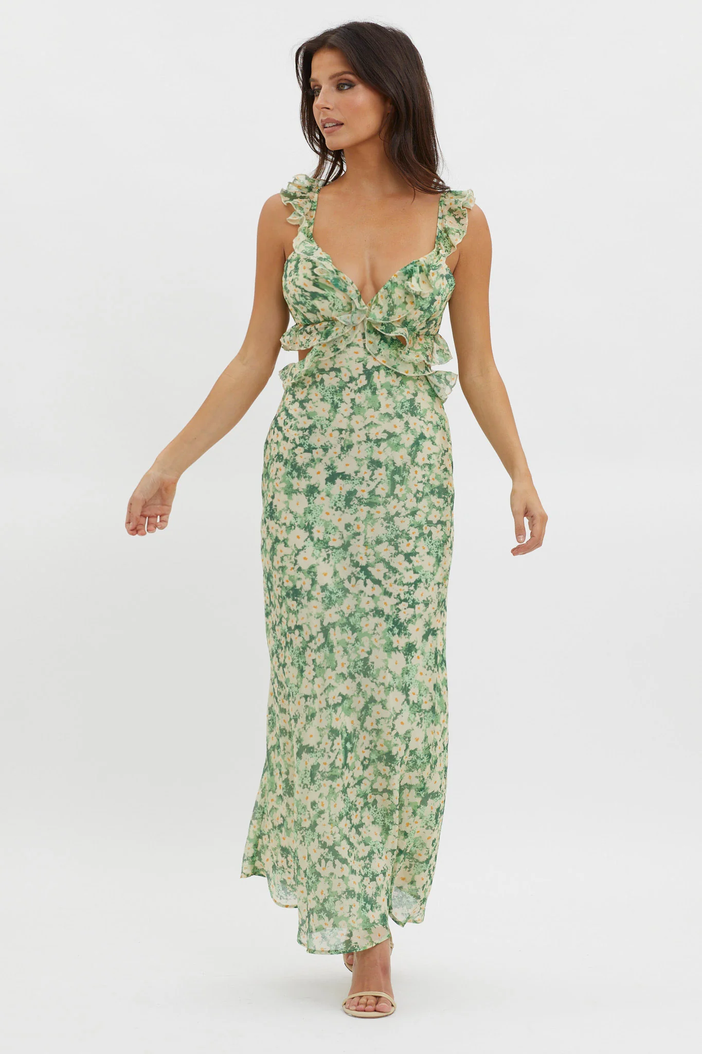 Second Chances Ruffle Trim Maxi Dress Flowers Green - Image 4